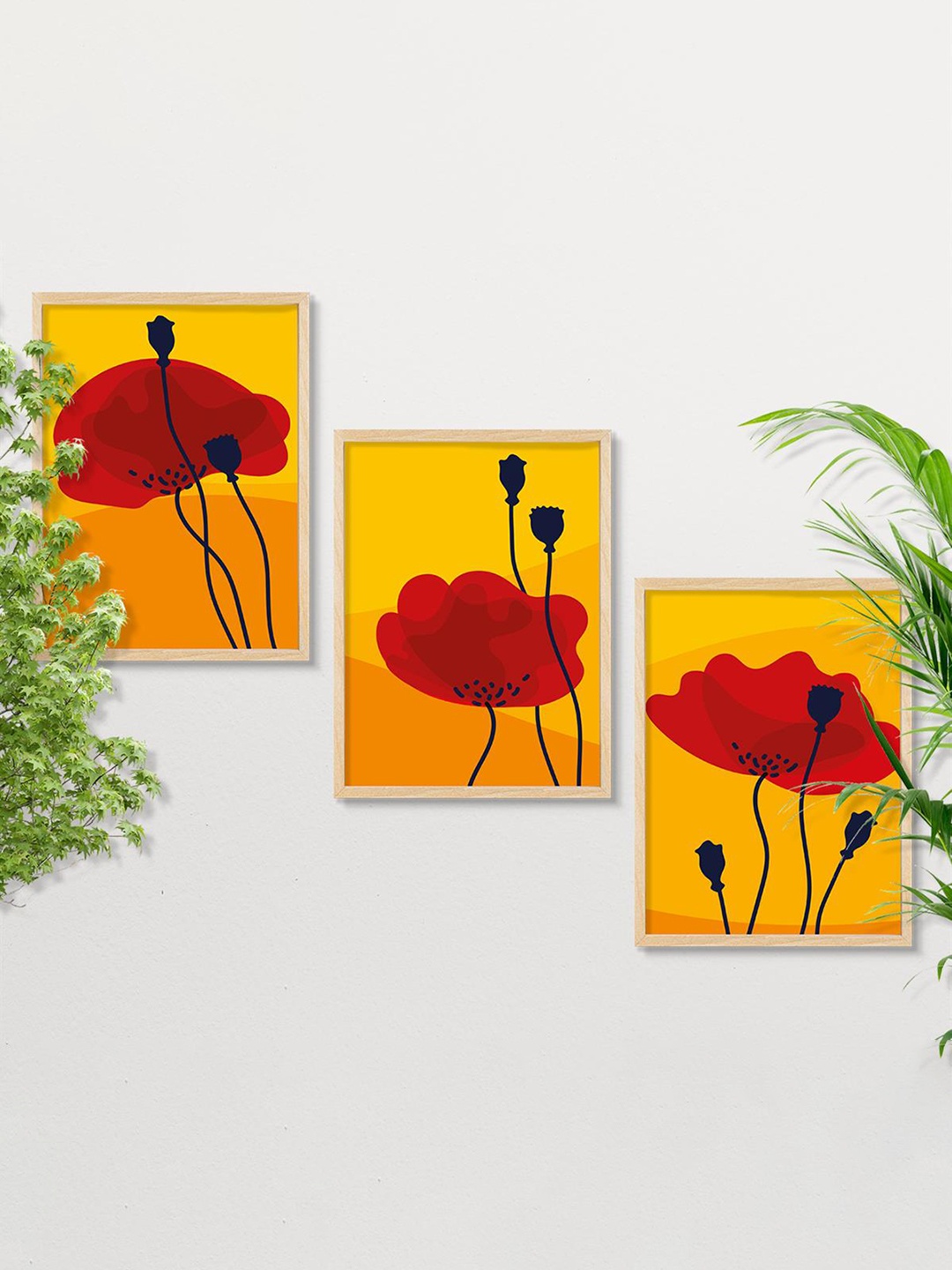 

SAF 3 Pcs Yellow & Red Floral Printed Framed Wall Art