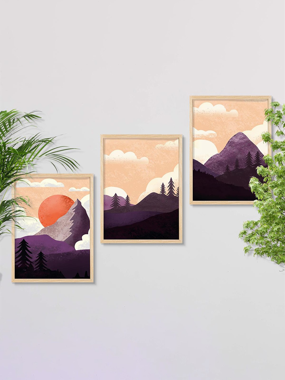 

SAF 3-Pcs Purple & Orange Modern Painting Framed Wall Art