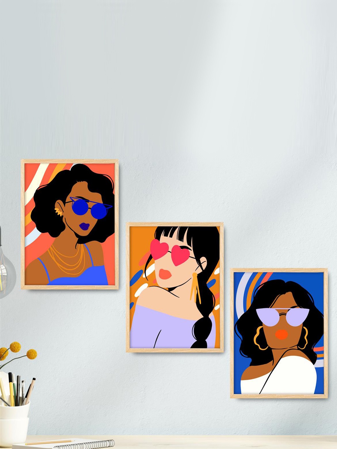 

SAF 3 Pcs Orange & Blue Boho Women Painting Framed Wall Art