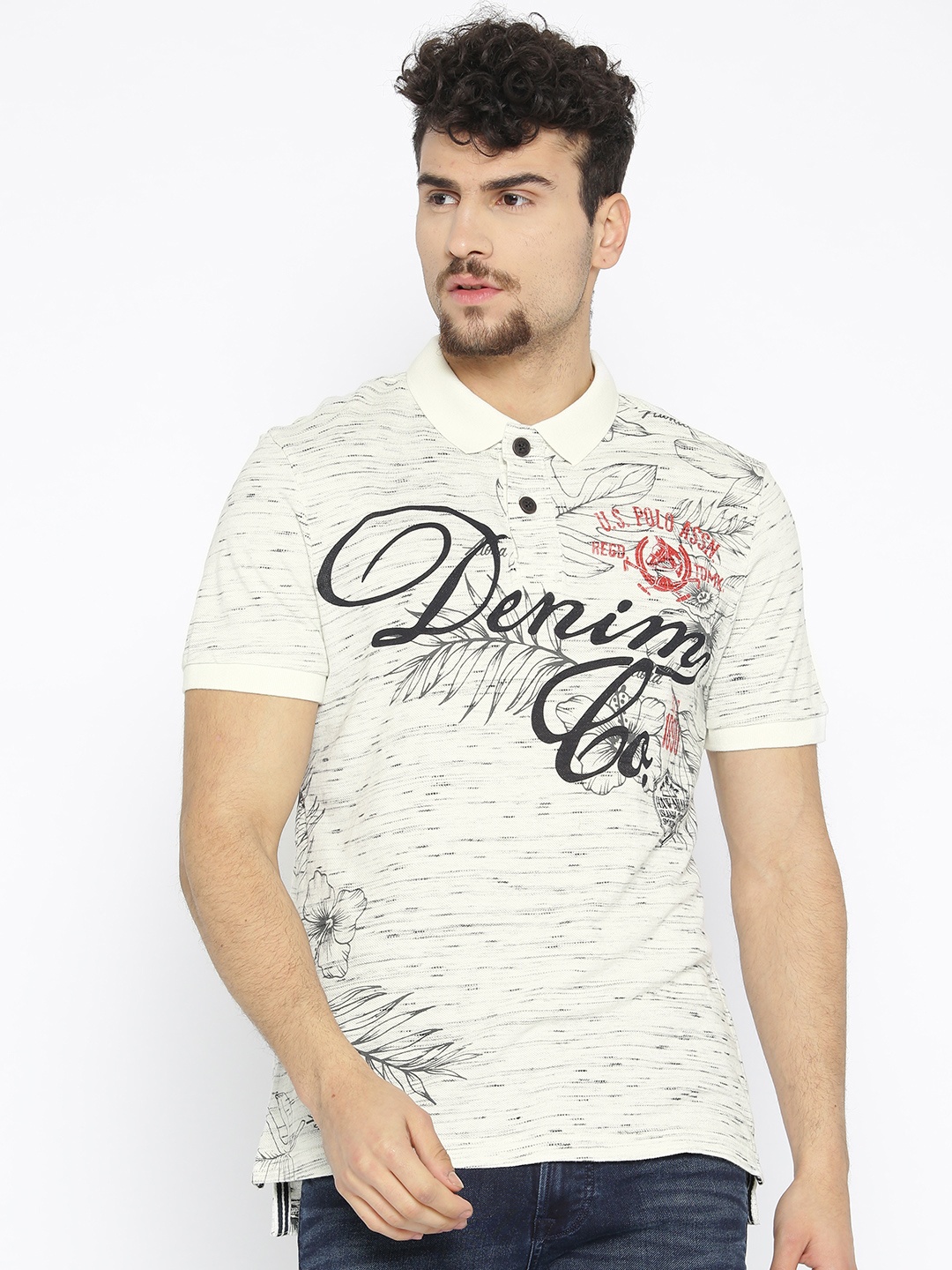 

U.S. Polo Assn. Denim Co. Men Off-White Printed Polo T-shirt