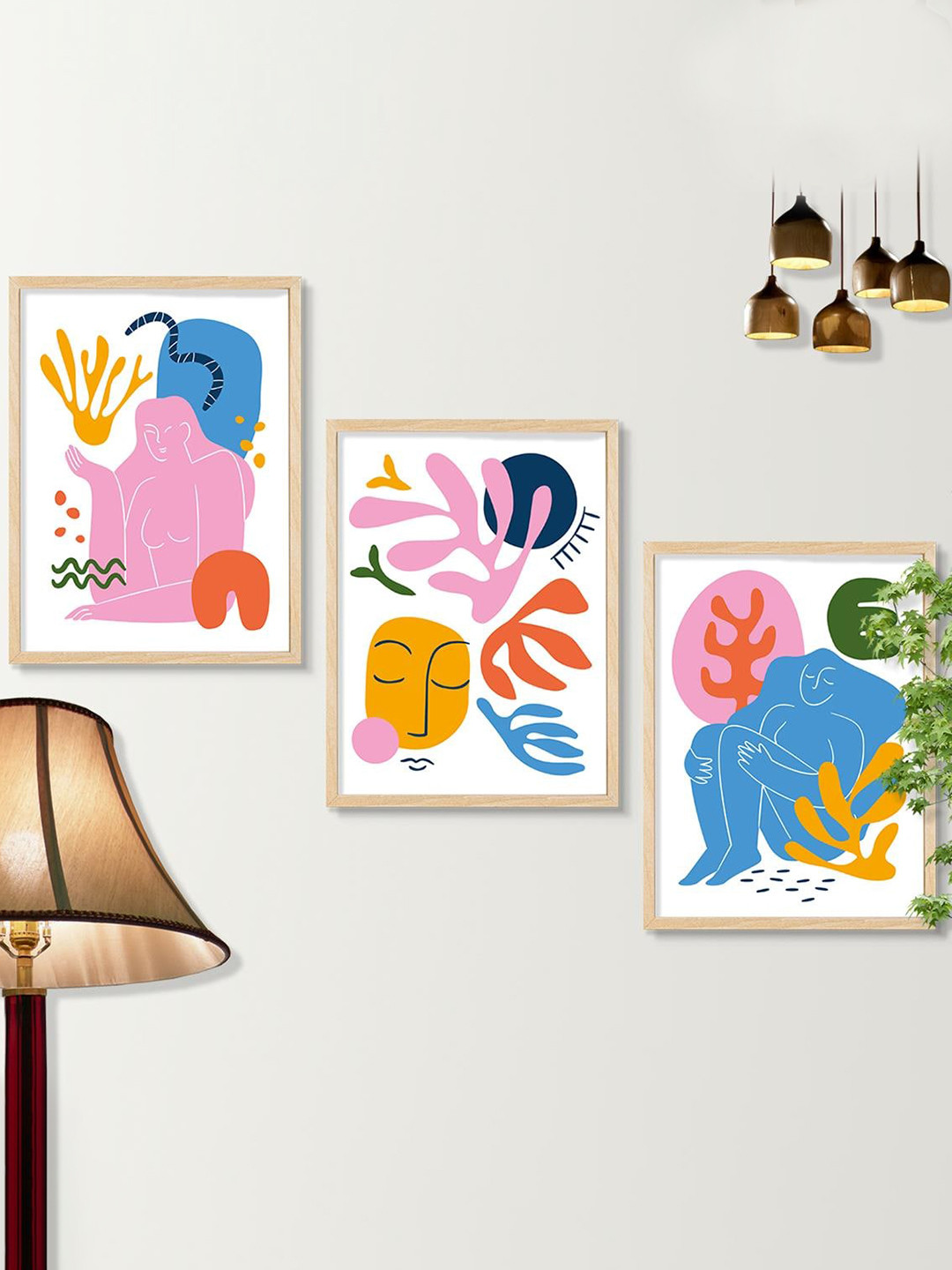 

SAF 3-Pcs Pink & Blue Modern Art Painting Framed Wall Art