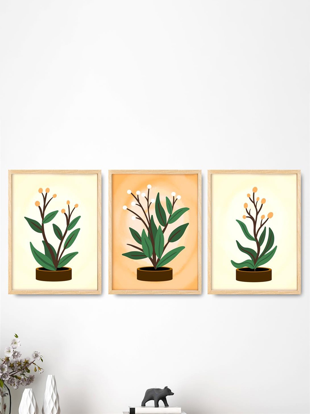 

SAF Orange-Color & Green 3 Pieces Printed Wall Art, Cream