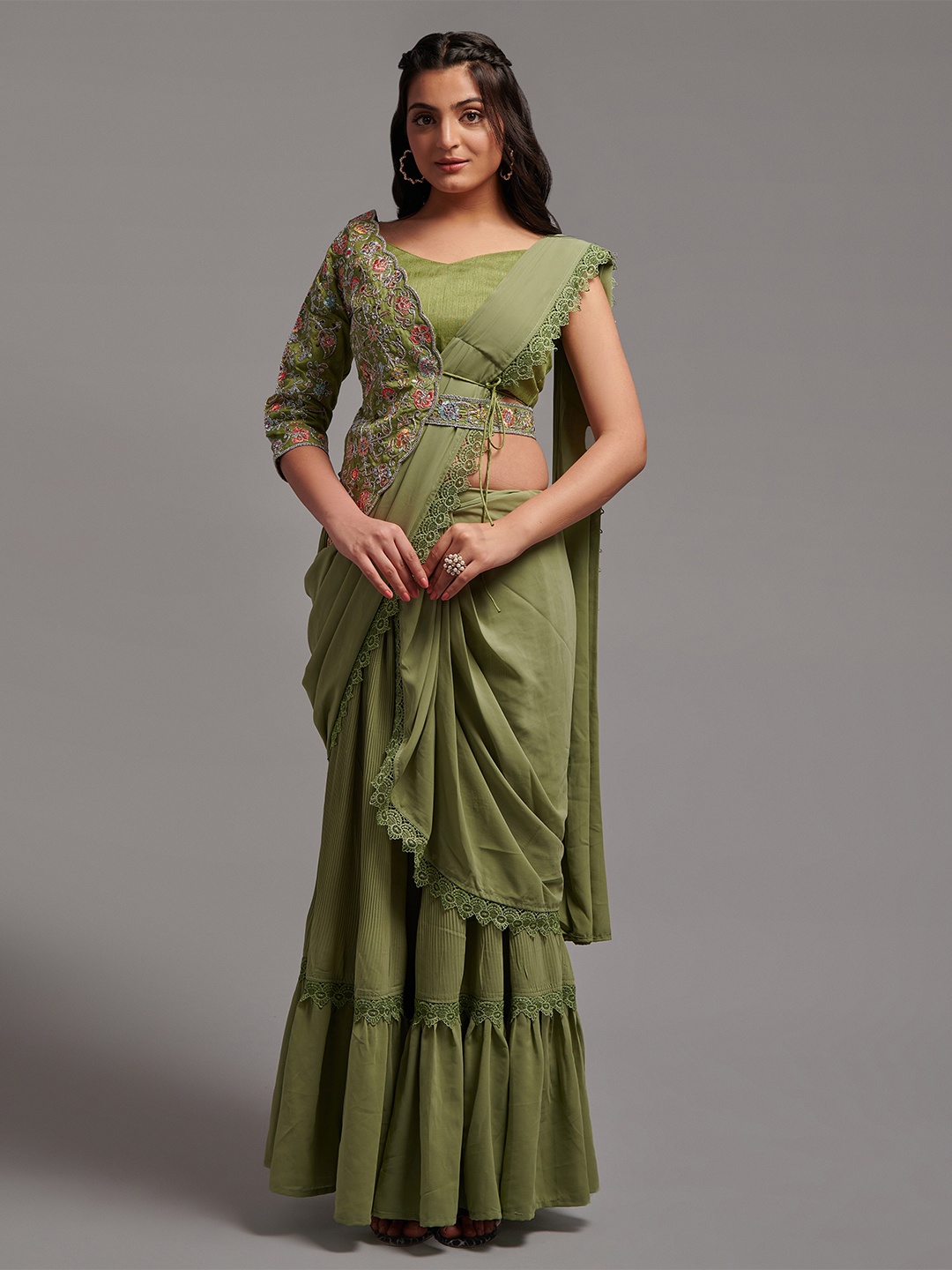 

KALINI Embroidered Pure Georgette Ready to Wear Saree, Green