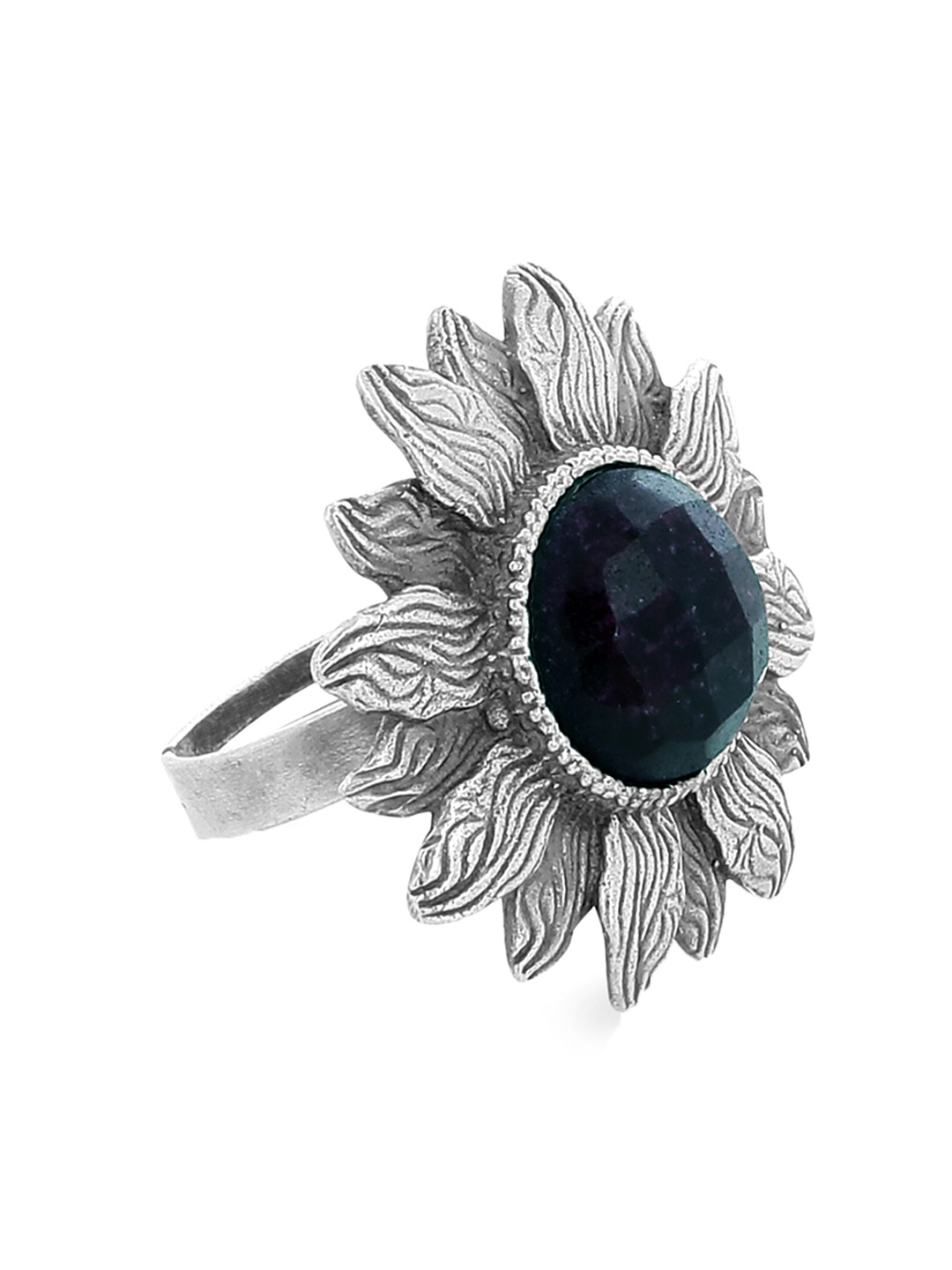 

EL REGALO Silver-Plated Stone Studded Sunflower Cocktail Finger Ring, Black