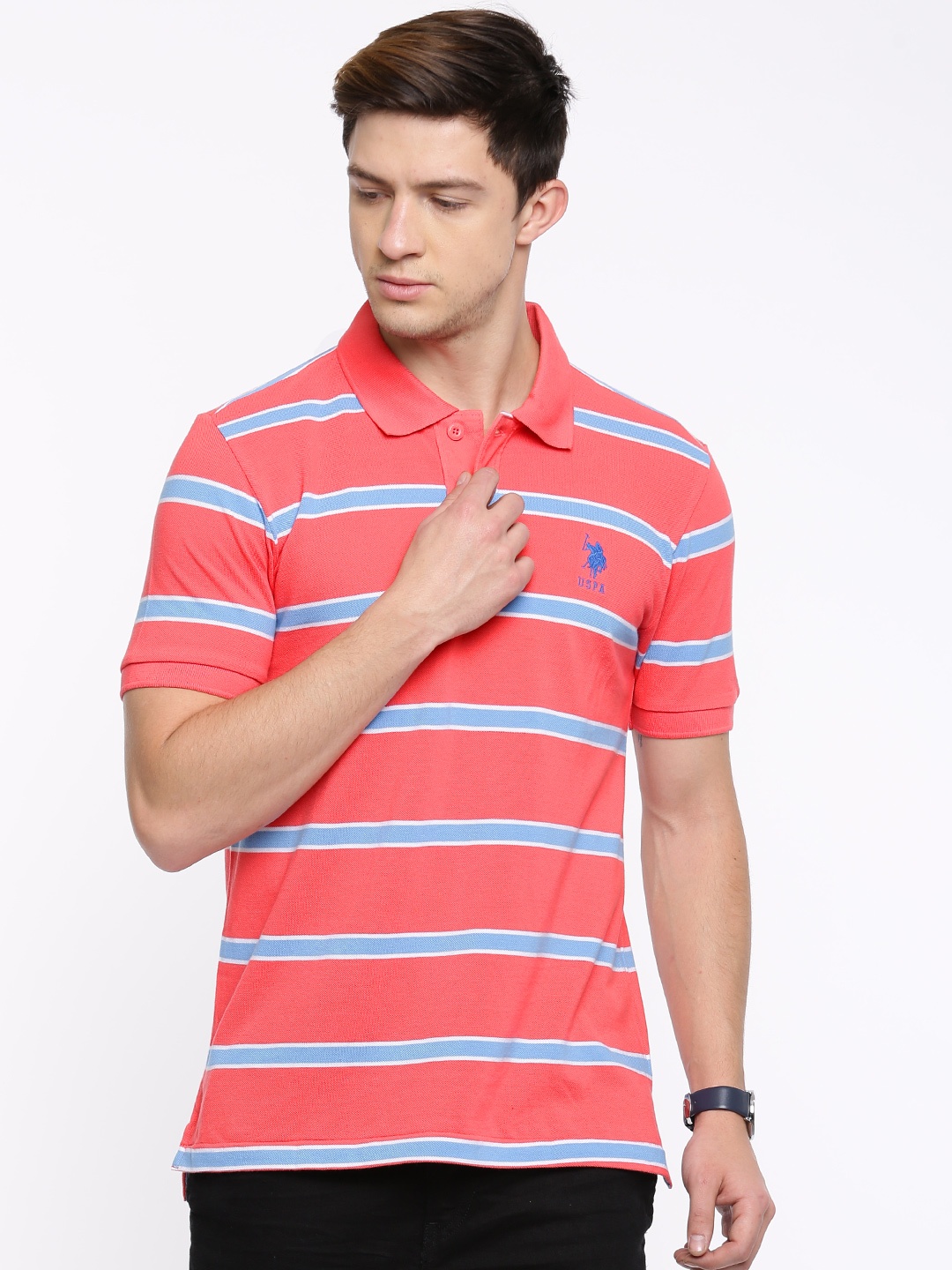 U.S. Polo Assn. Men Coral Pink Blue Striped Polo Collar Pure Cotton T-shirt