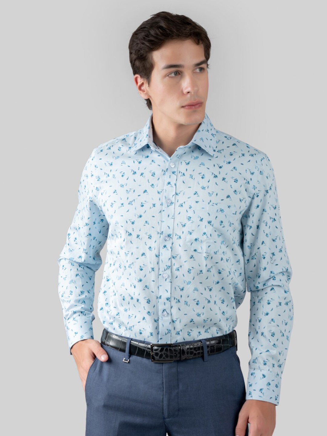 

MUTAQINOTI Comfort Floral Opaque Printed Cotton Formal Shirt, Blue