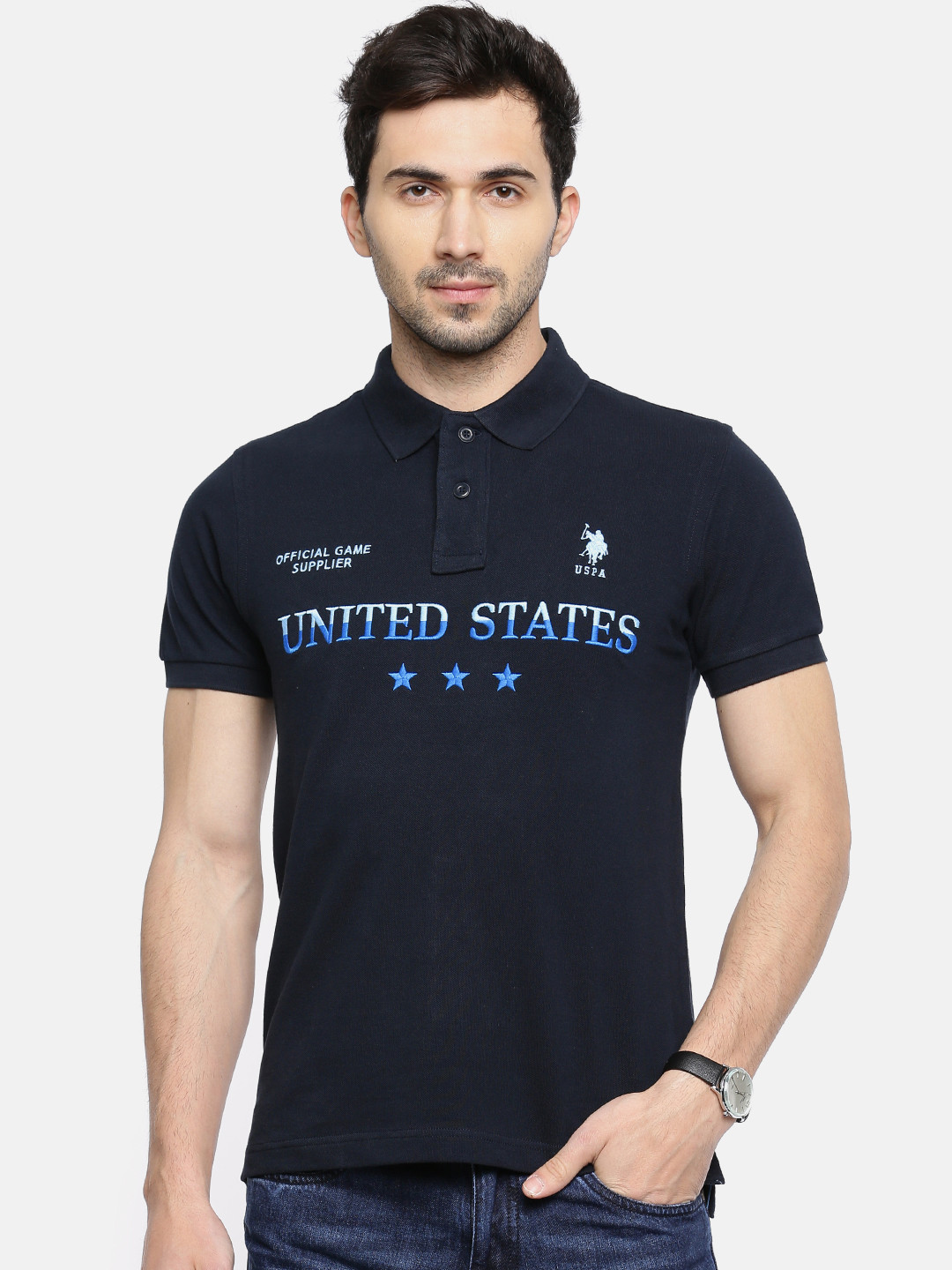 

U.S. Polo Assn. Men Navy Self-Design Polo Collar Pure Cotton T-shirt, Navy blue
