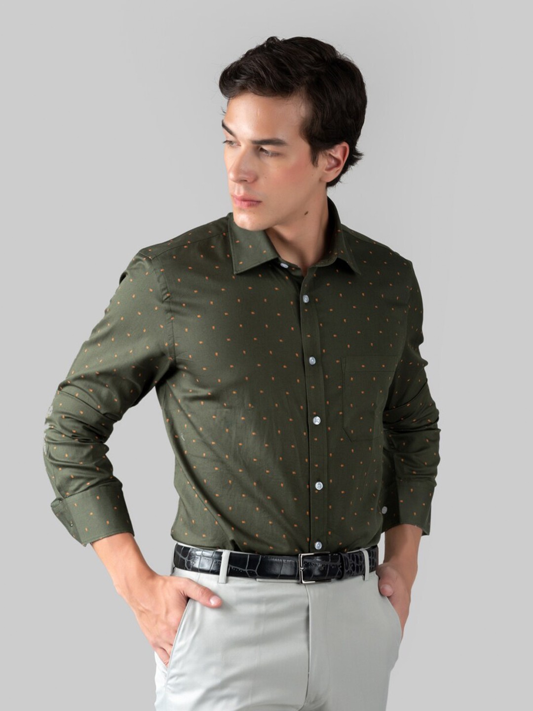 

MUTAQINOTI Comfort Opaque Conversational Printed Cotton Formal Shirt, Green