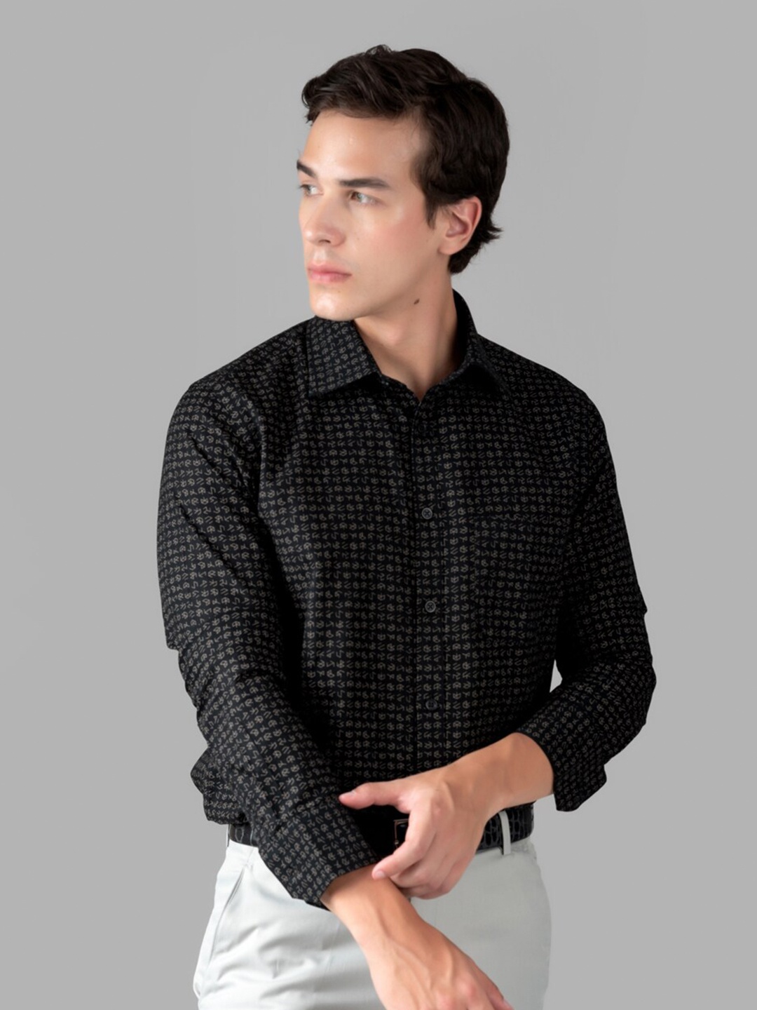 

MUTAQINOTI Micro Ditsy Printed Cotton Comfort Formal Shirt, Black