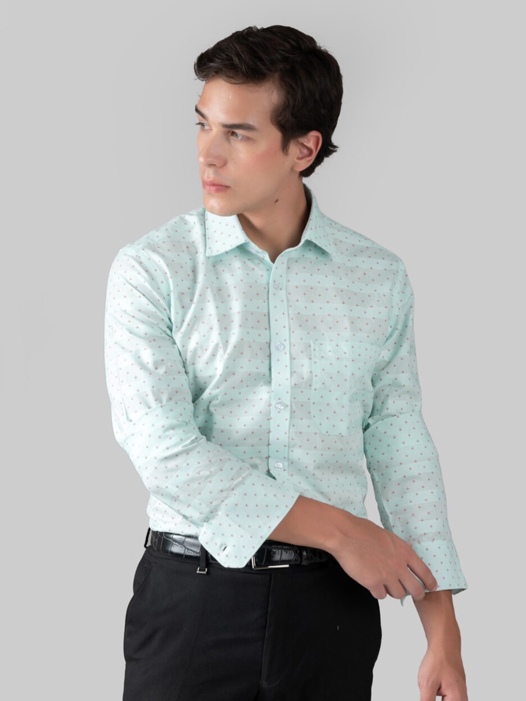 MUTAQINOTI Comfort Floral Opaque Printed Cotton Formal Shirt, Green
