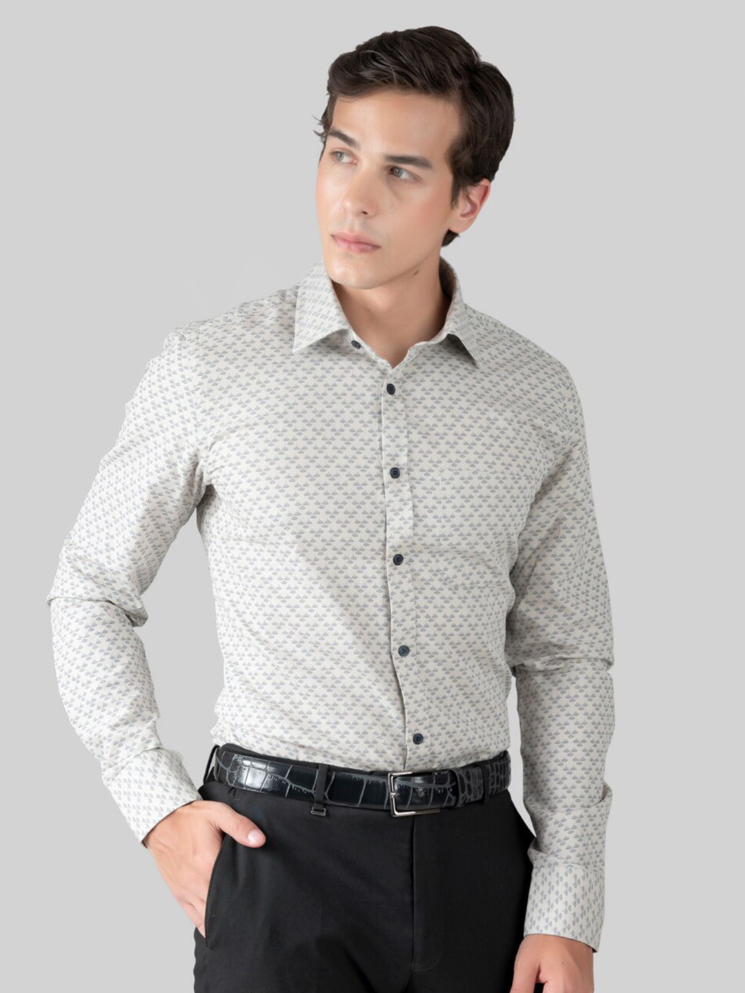 

MUTAQINOTI Comfort Abstract Printed Spread Collared Formal Shirt, Beige