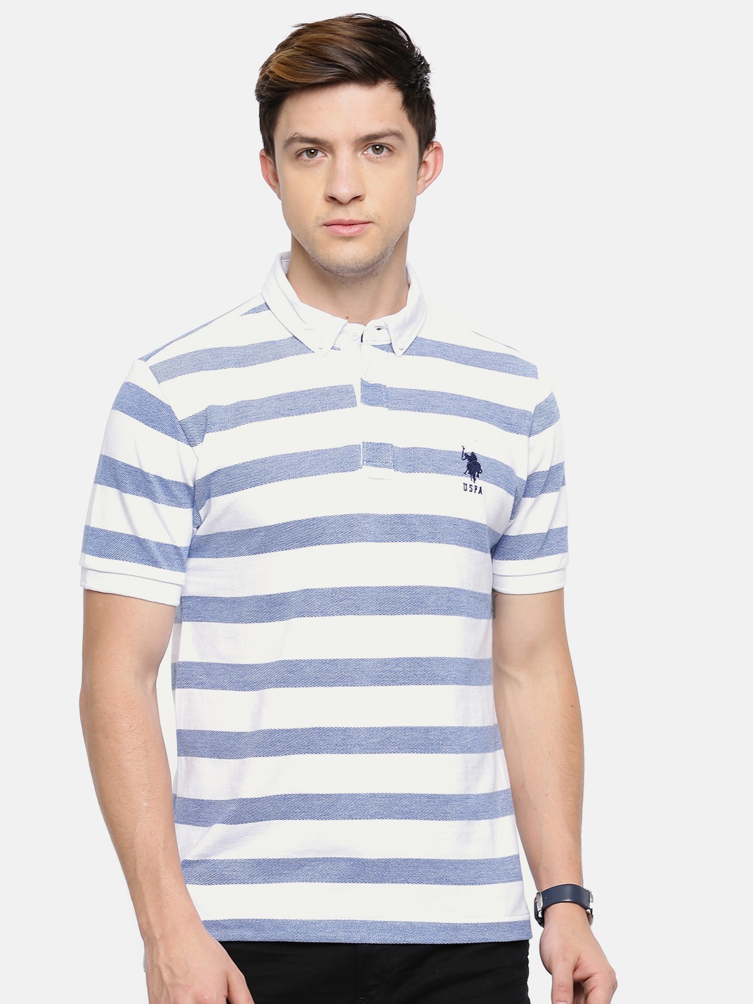 

U.S. Polo Assn. Men White Blue Striped Polo Pure Cotton T-shirt