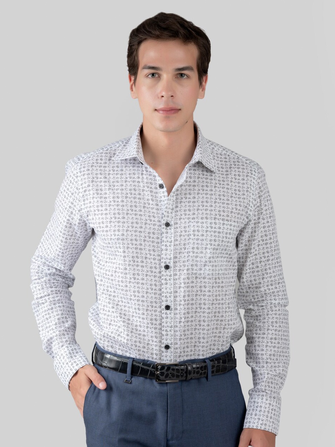 MUTAQINOTI Comfort Opaque Conversational Printed Cotton Formal Shirt, White