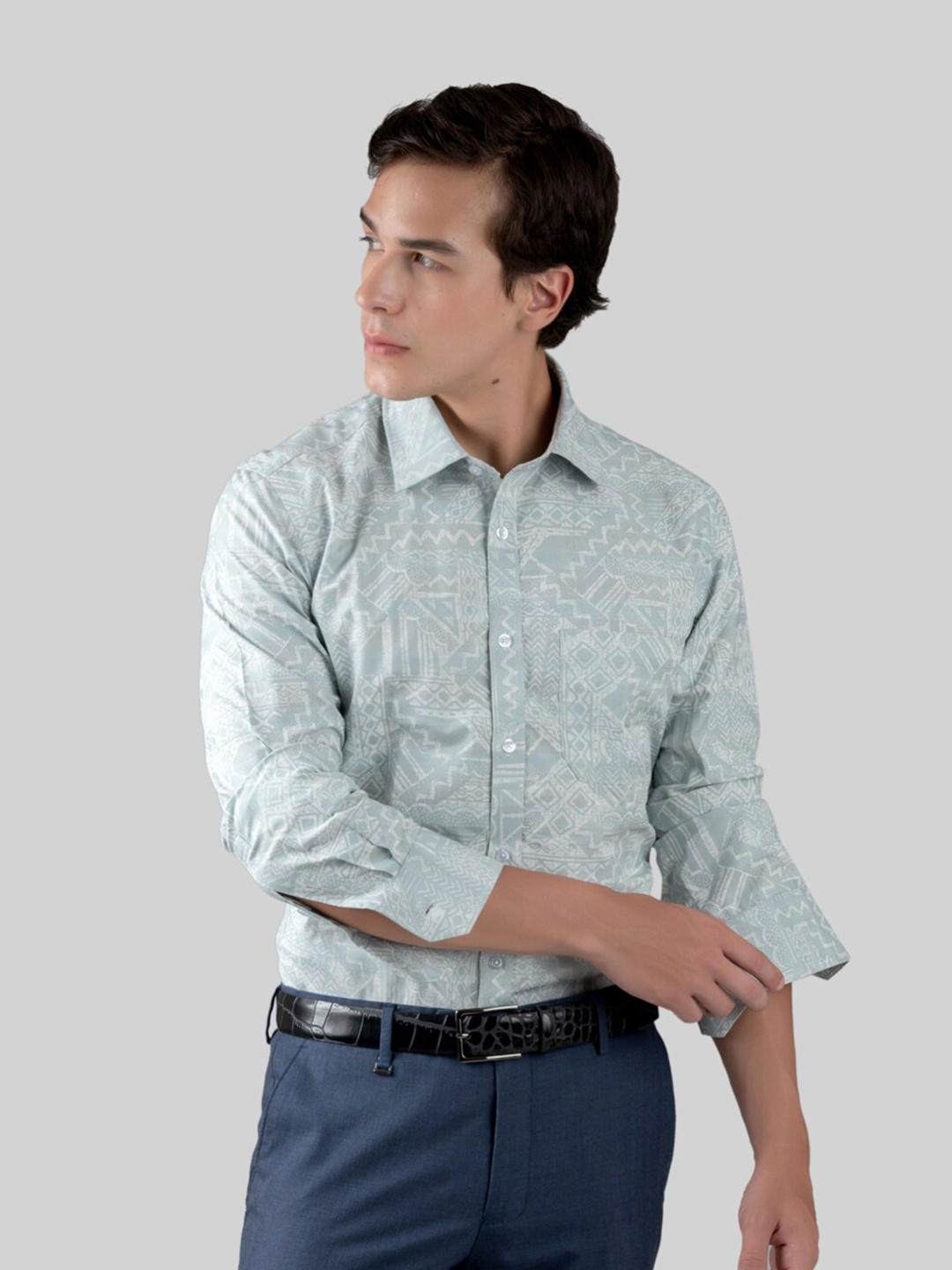 

MUTAQINOTI Comfort Opaque Abstract Printed Cotton Formal Shirt, Green