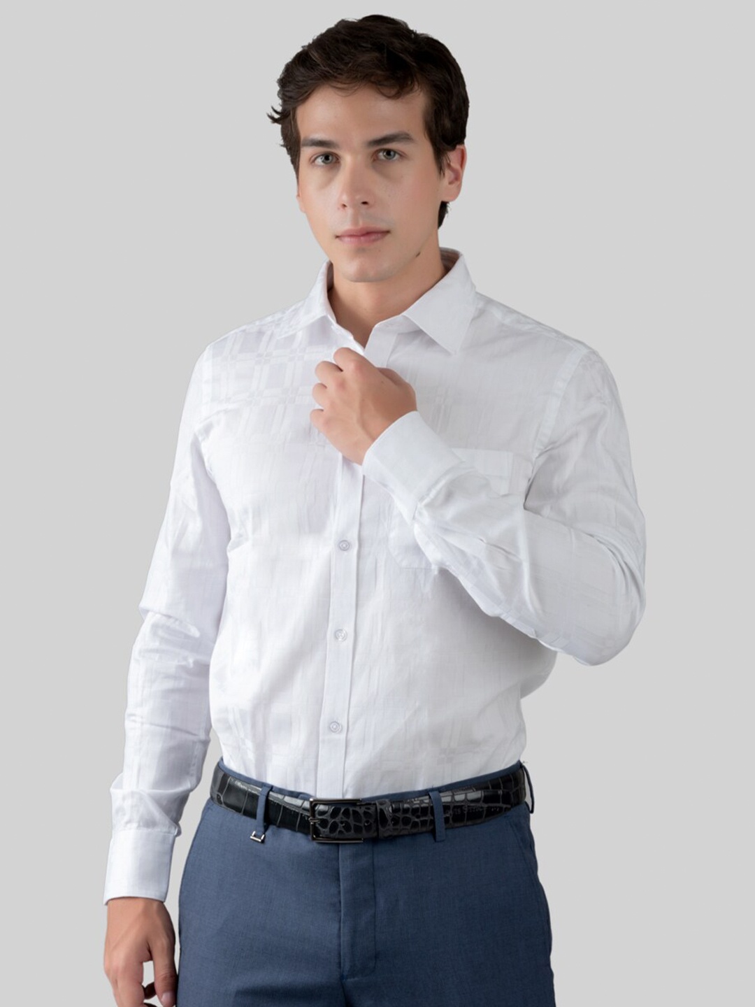 MUTAQINOTI Checks Cotton Comfort Formal Shirt, White