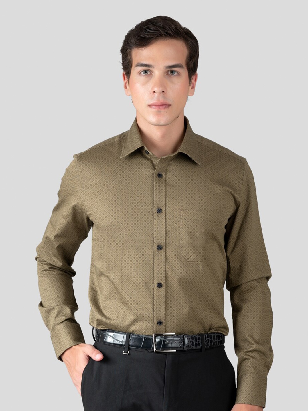 

MUTAQINOTI Comfort Geometric Printed Regular Fit Cotton Formal Shirt, Green