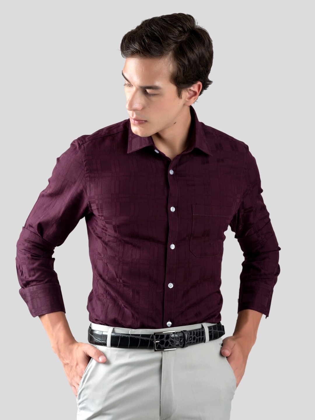 MUTAQINOTI Men Checked Cotton Comfort Opaque Formal Shirt, Maroon