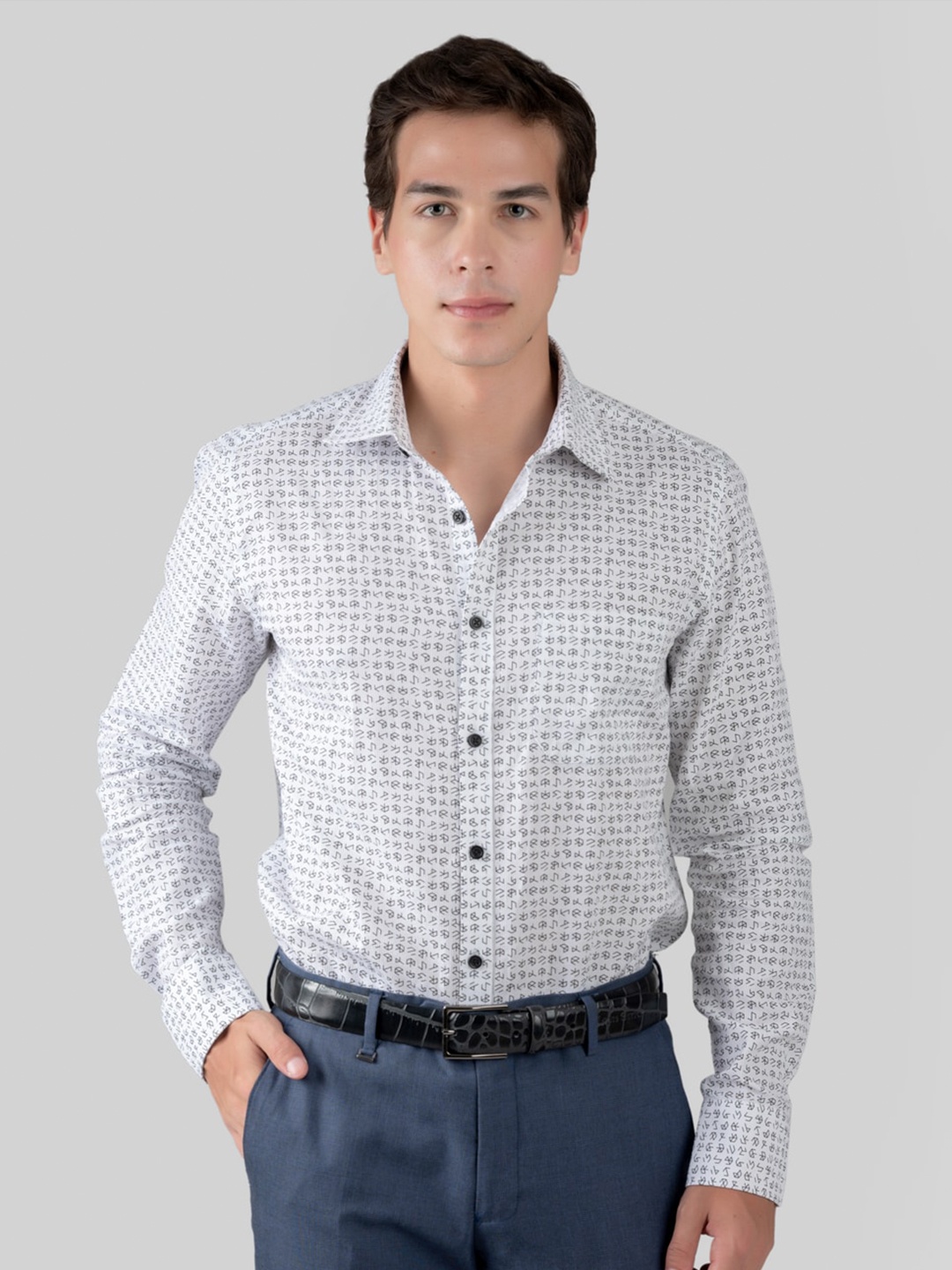 MUTAQINOTI Comfort Geometric Opaque Printed Cotton Formal Shirt, White