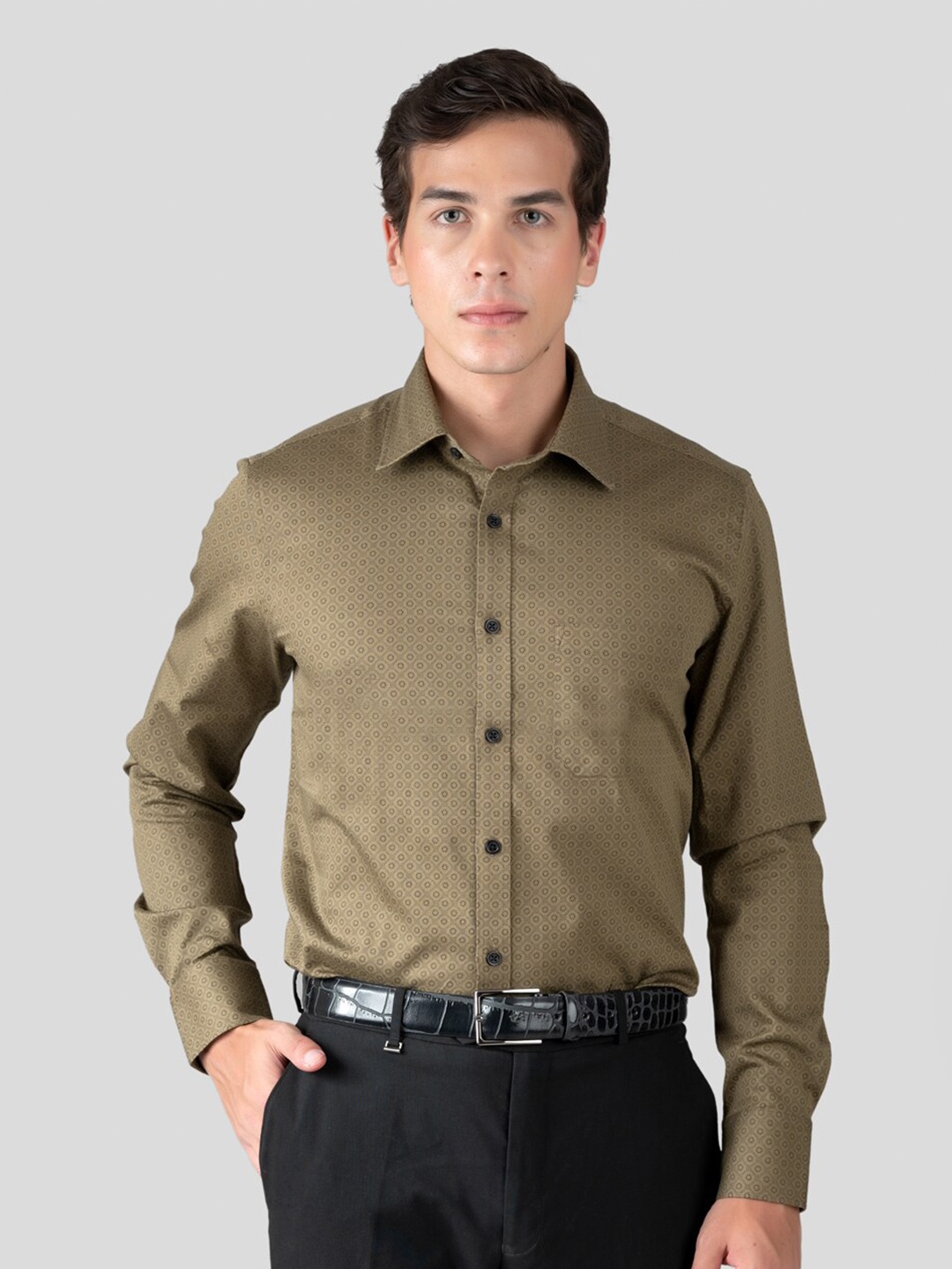 

MUTAQINOTI Comfort Geometric Printed Regular Fit Cotton Formal Shirt, Green