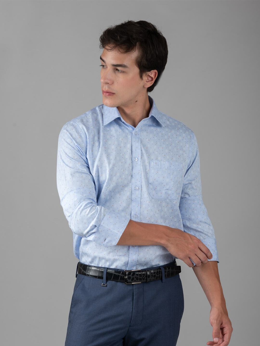 

MUTAQINOTI Micro Ditsy Printed Cotton Comfort Formal Shirt, Blue