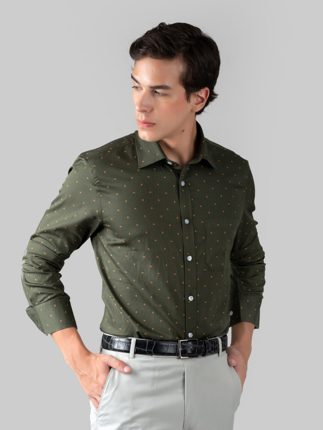 

MUTAQINOTI Comfort Opaque Printed Cotton Formal Shirt, Green