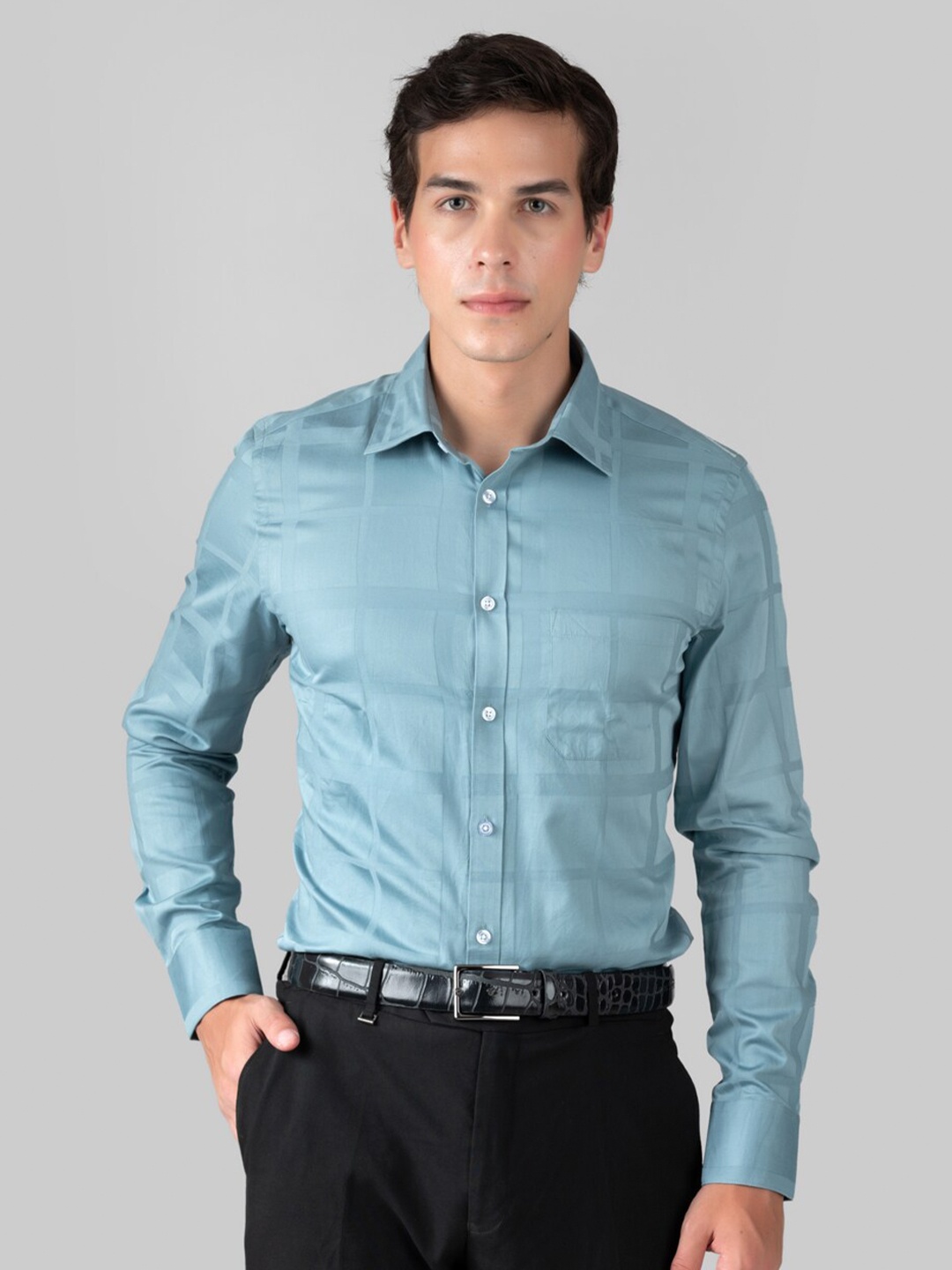 

MUTAQINOTI windowpane checked Cotton Comfort Formal Shirt, Blue