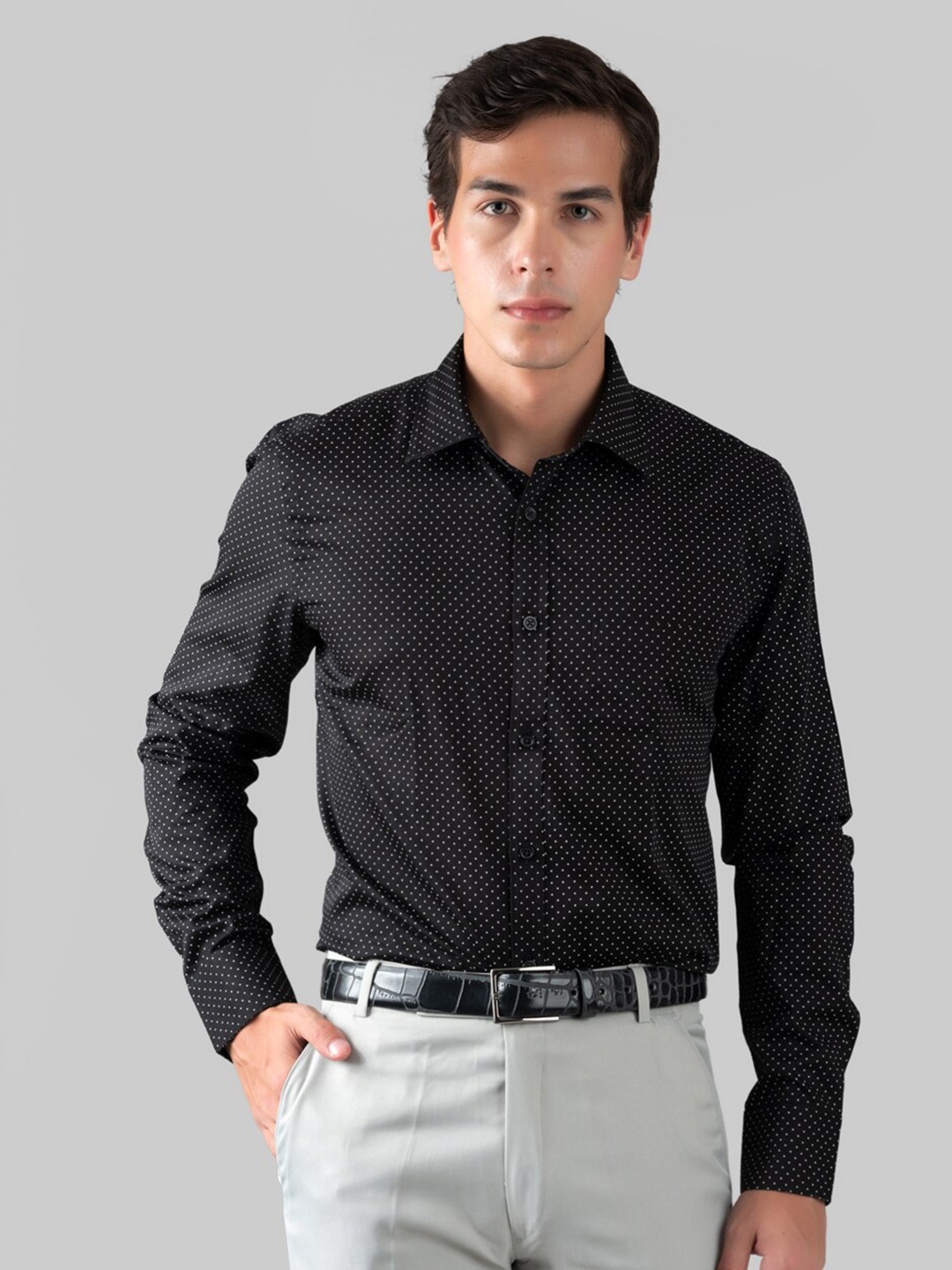 

MUTAQINOTI Comfort Micro Ditsy Opaque Printed Cotton Formal Shirt, Black