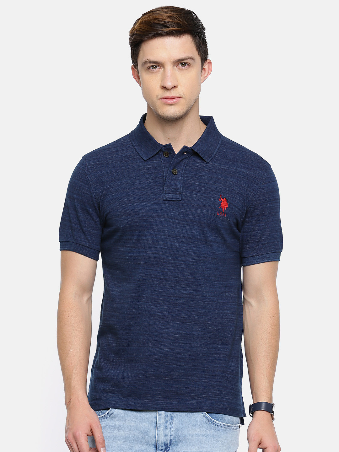 

U.S. Polo Assn. Men Navy Blue Solid Polo Pure Cotton T-shirt