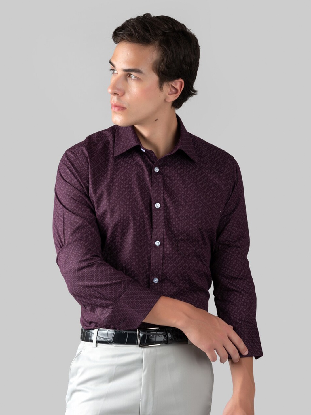 

MUTAQINOTI Comfort Opaque Geometric Printed Cotton Formal Shirt, Maroon
