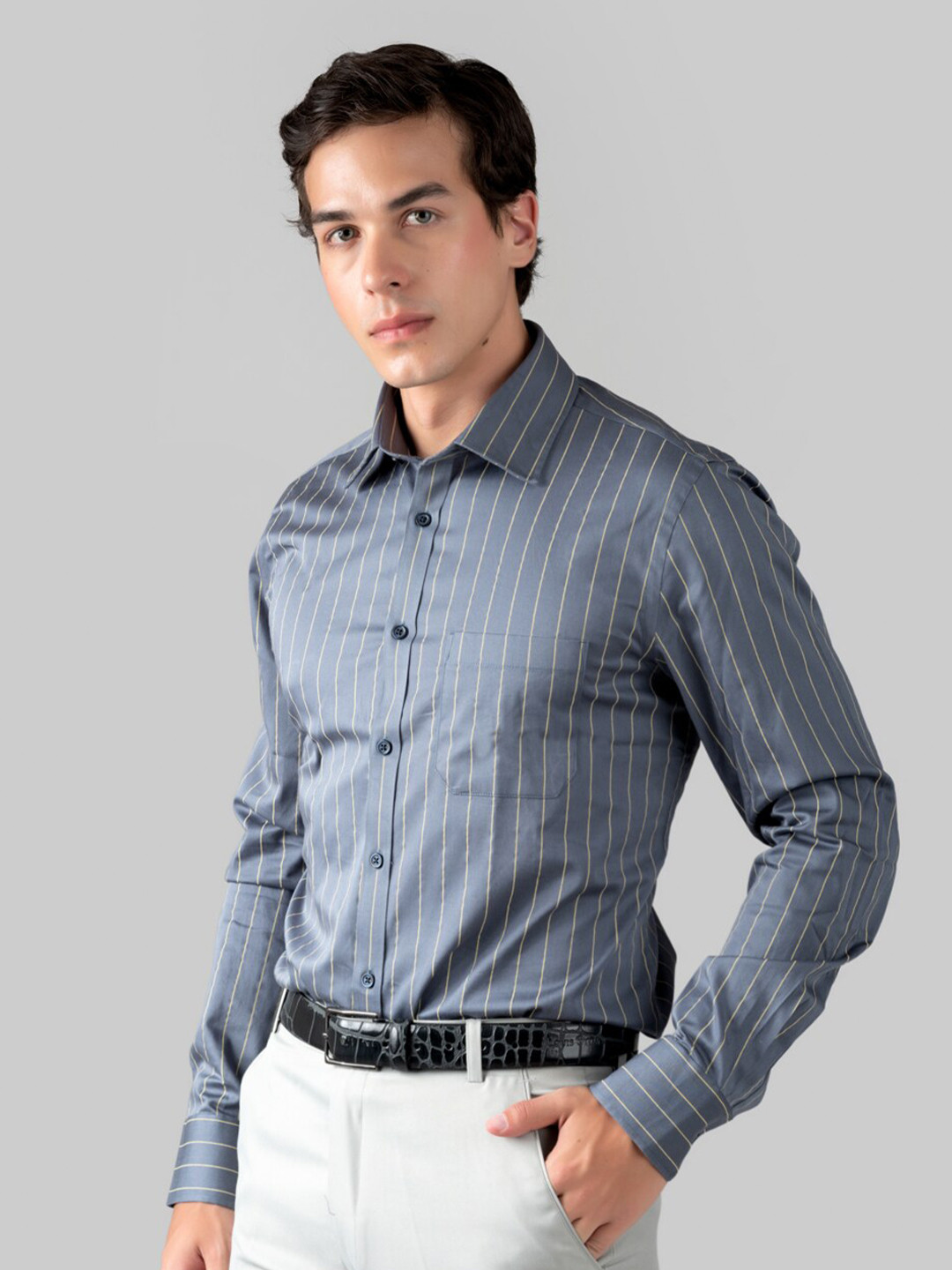 

MUTAQINOTI Verticle Striped Cotton Comfort Formal Shirt, Grey