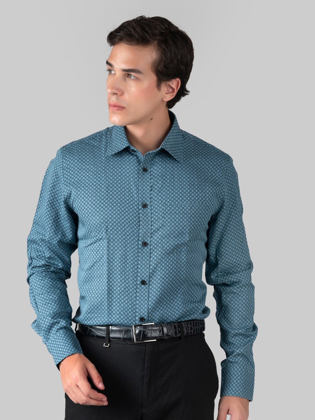 

MUTAQINOTI Comfort Geometric Opaque Printed Cotton Formal Shirt, Blue