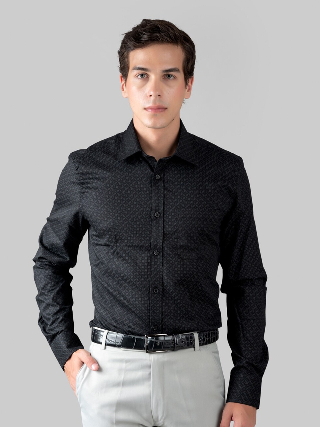 

MUTAQINOTI Comfort Abstract Printed Regular Fit Cotton Formal Shirt, Black