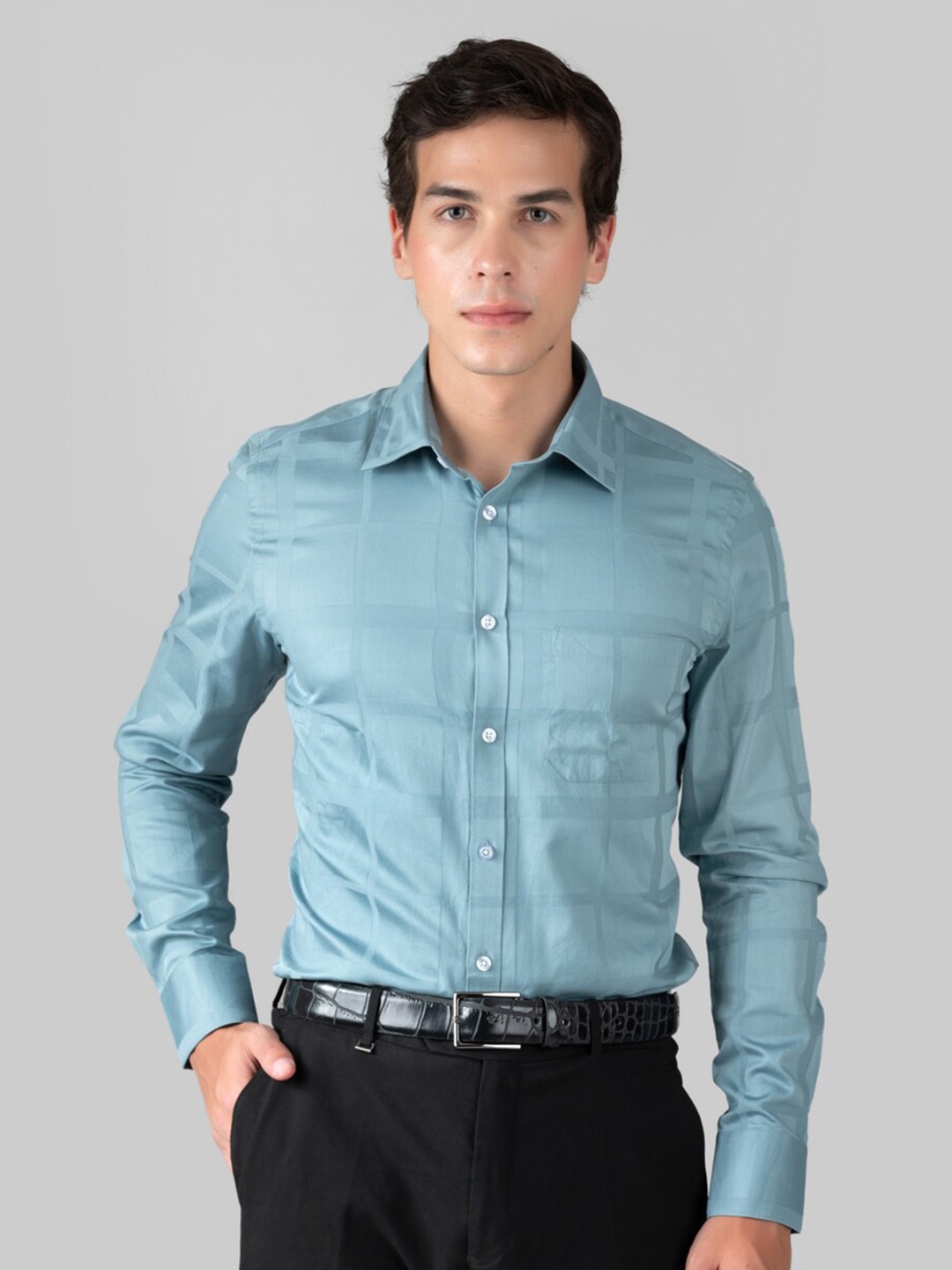 

MUTAQINOTI Comfort Opaque Checked Cotton Formal Shirt, Blue