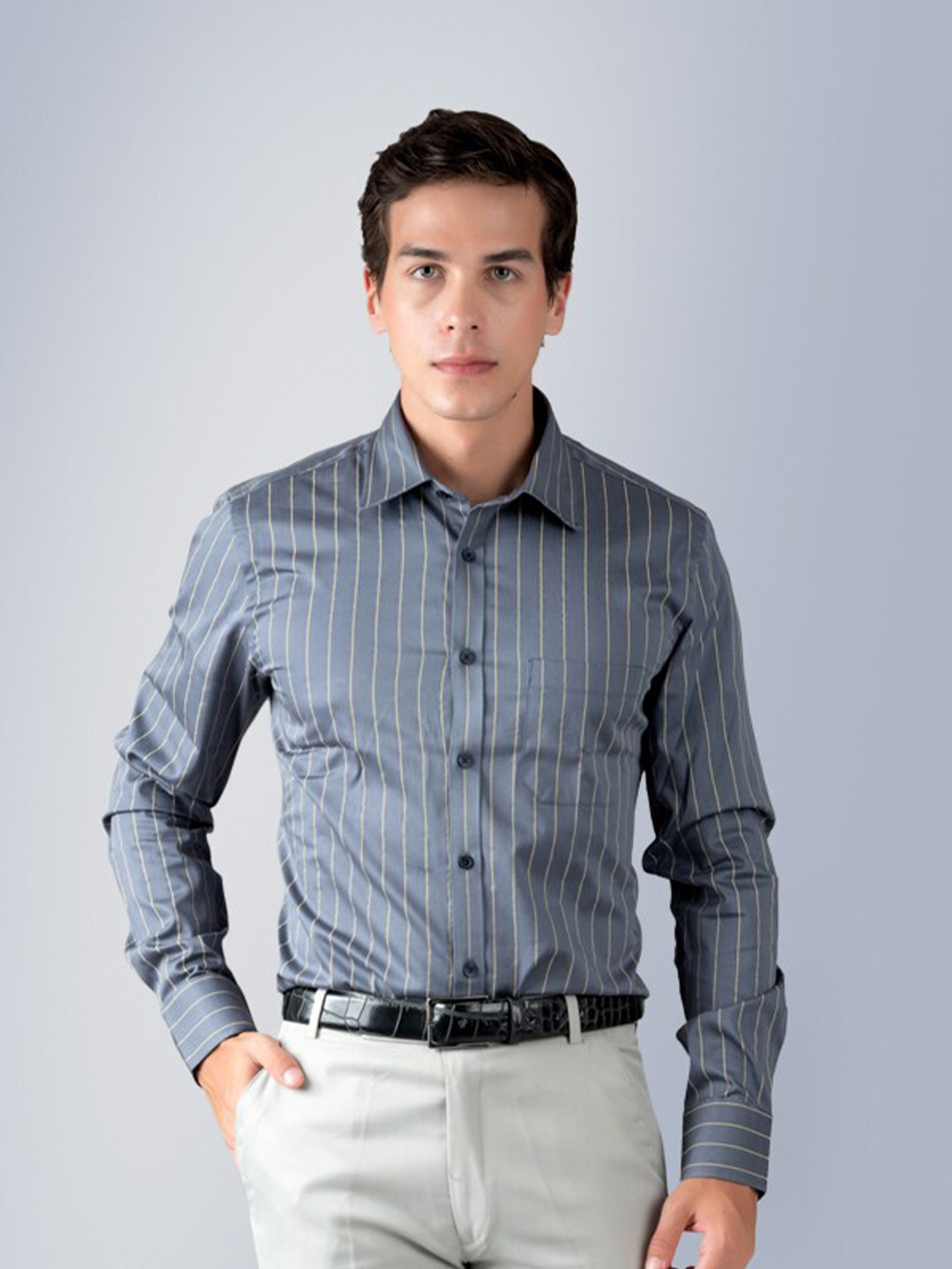 

MUTAQINOTI Comfort Opaque Striped Cotton Formal Shirt, Grey