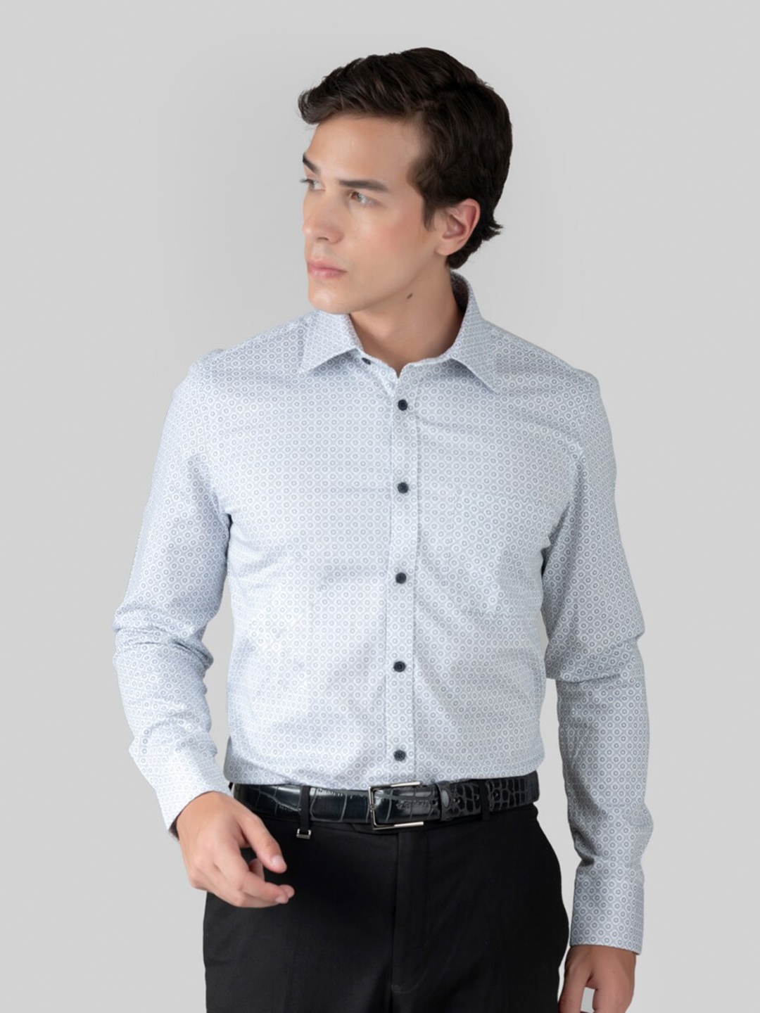 

MUTAQINOTI Comfort Geometric Printed Regular Fit Cotton Formal Shirt, White
