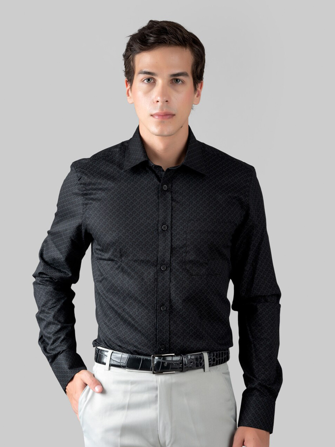 

MUTAQINOTI Comfort Abstract Opaque Printed Cotton Formal Shirt, Black