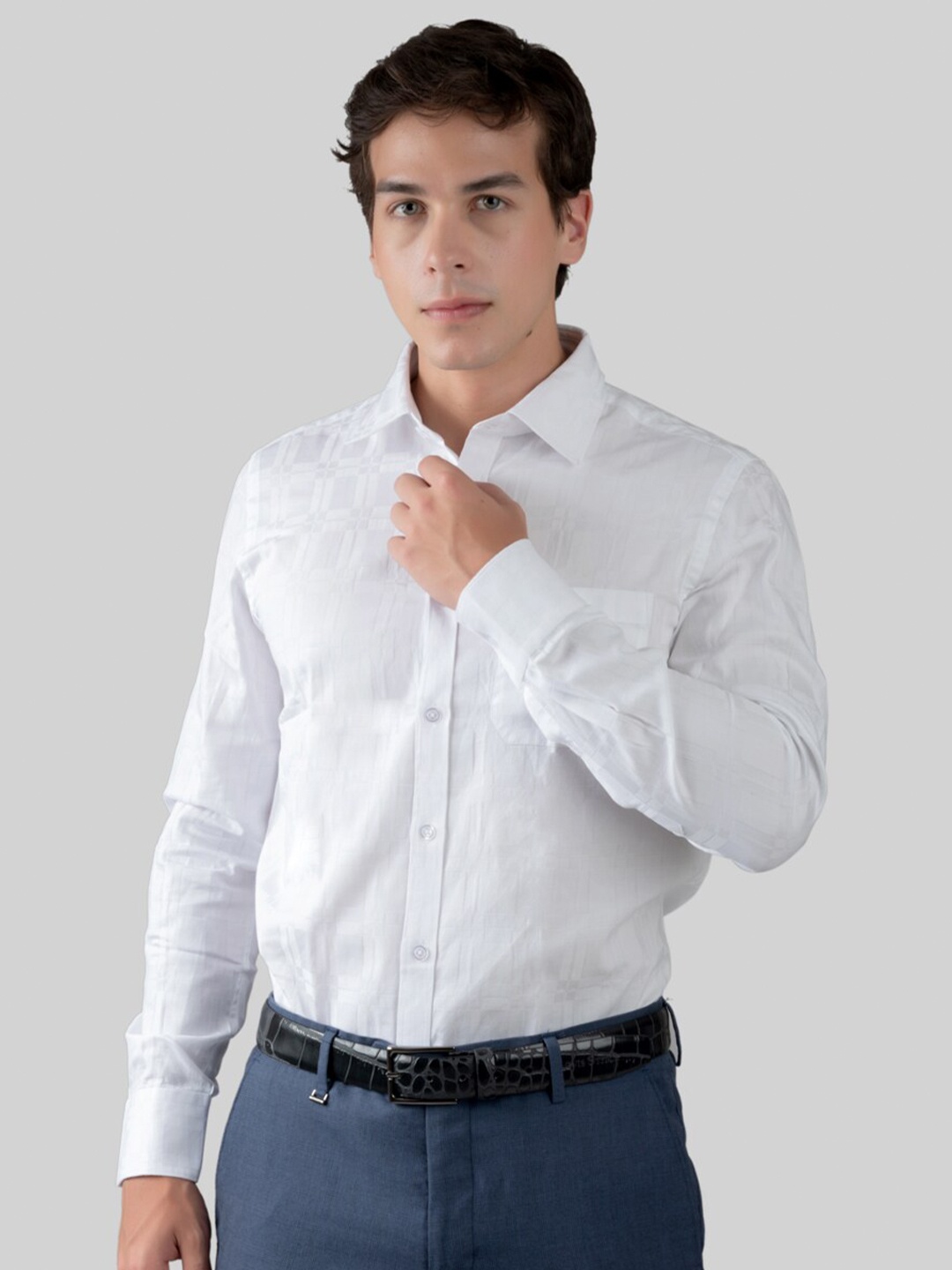 

MUTAQINOTI Comfort Opaque Checked Cotton Formal Shirt, White