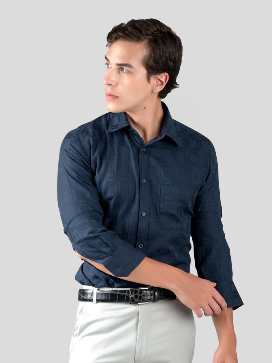 

MUTAQINOTI windowpane checked Cotton Comfort Formal Shirt, Blue