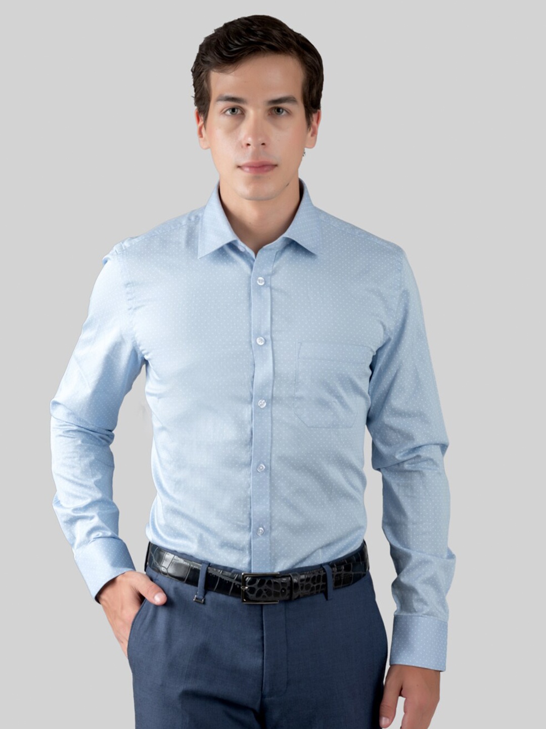 

MUTAQINOTI Micro Ditsy Printed Cotton Comfort Formal Shirt, Blue