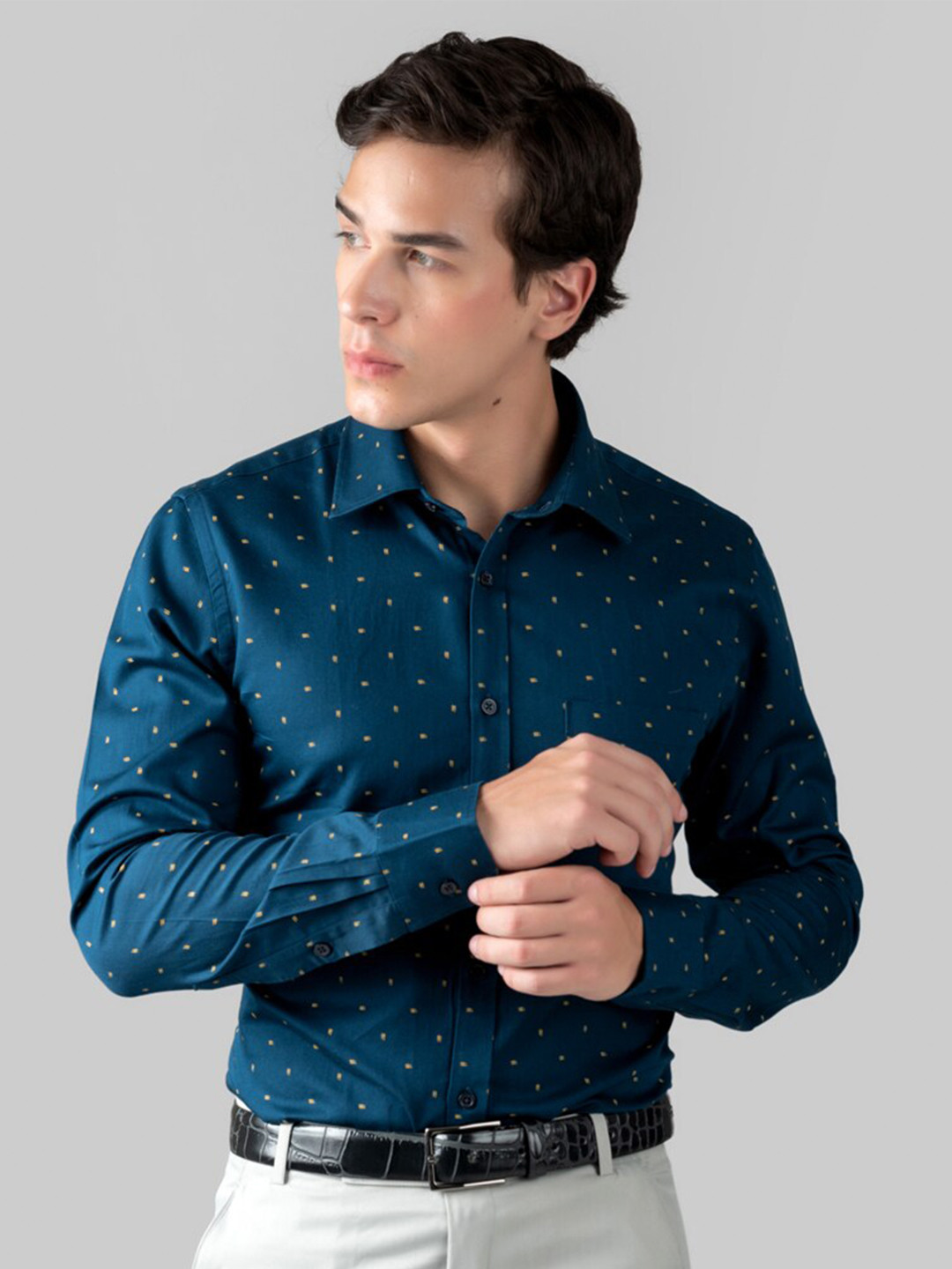 

MUTAQINOTI Comfort Opaque Conversational Printed Cotton Formal Shirt, Blue