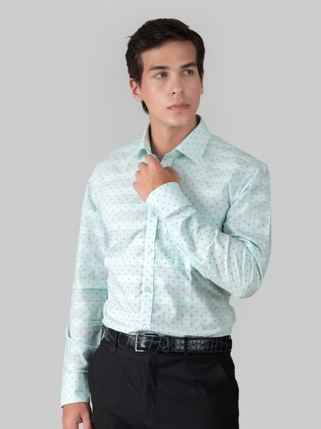 

MUTAQINOTI Comfort Opaque Conversational Printed Cotton Formal Shirt, Green