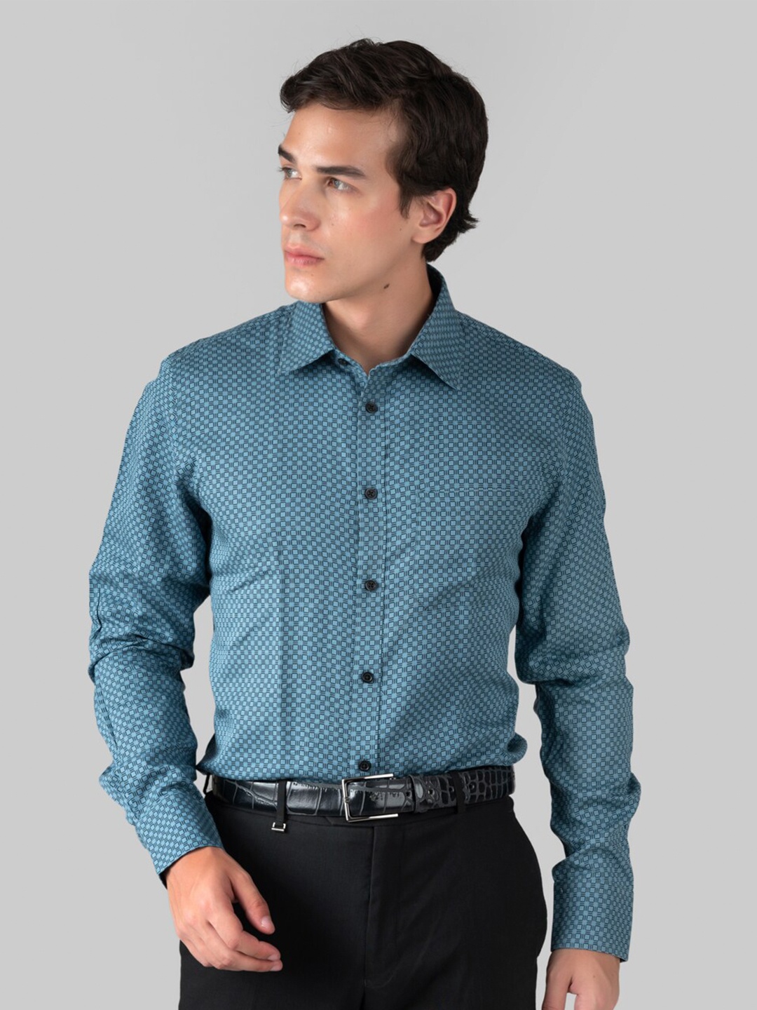 

MUTAQINOTI Comfort Geometric Printed Regular Fitted Cotton Formal Shirt, Blue