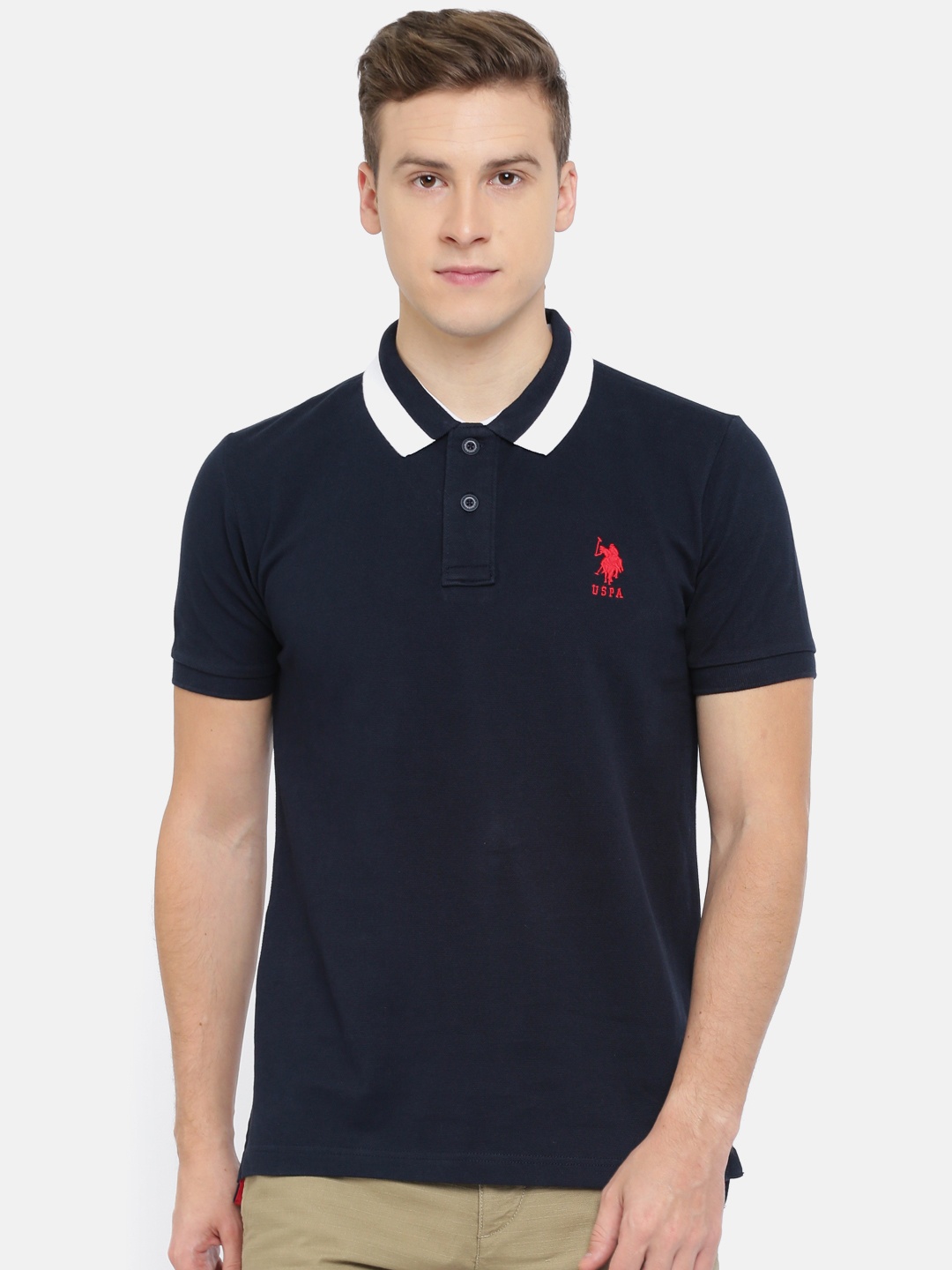 

U.S. Polo Assn. Men Navy Blue Solid Polo Pure Cotton T-shirt