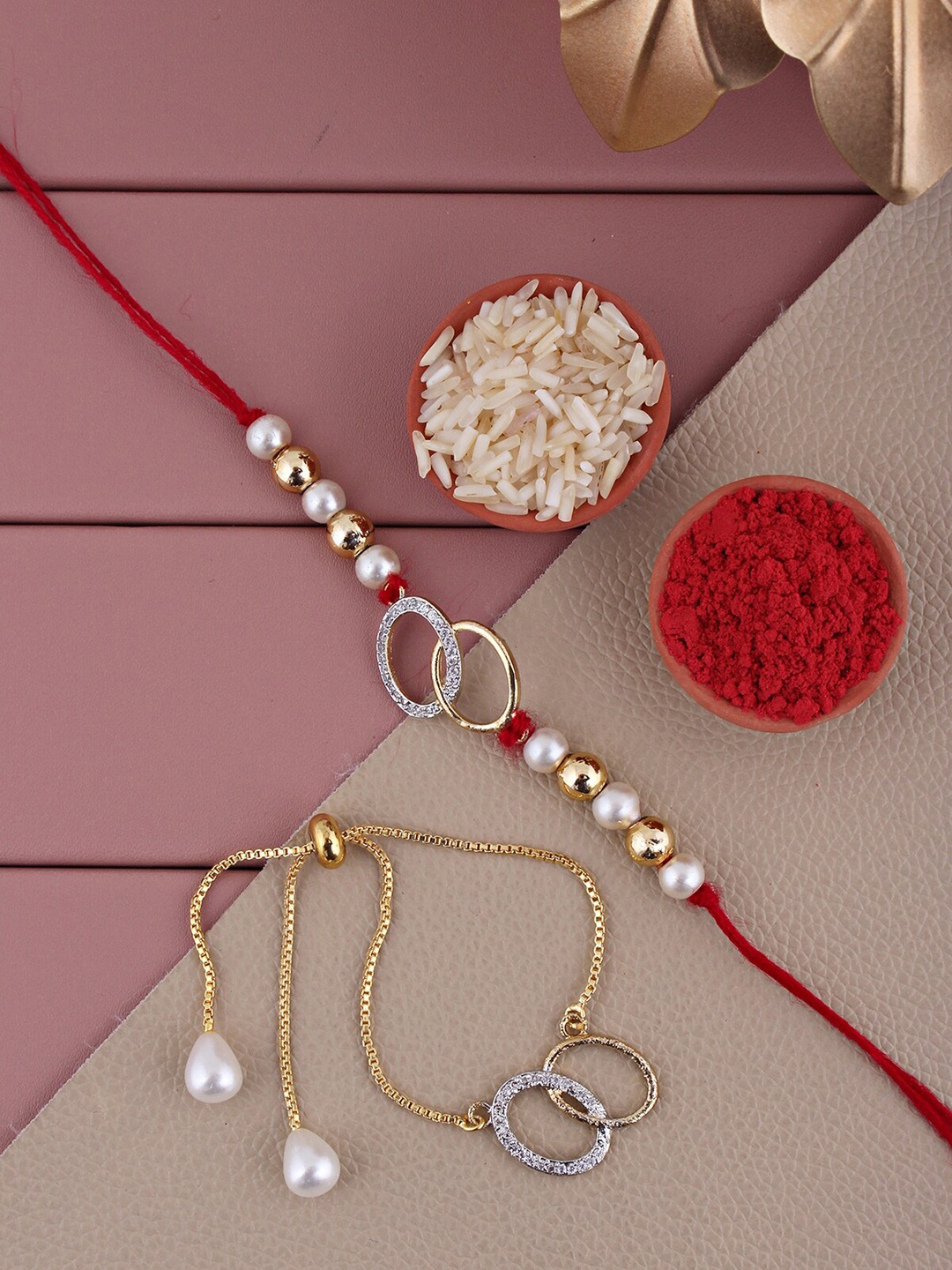 

LUCKY JEWELLERY Set Of 2 Gold-Plated White AD Stone Studded Rakhi & Bracelet