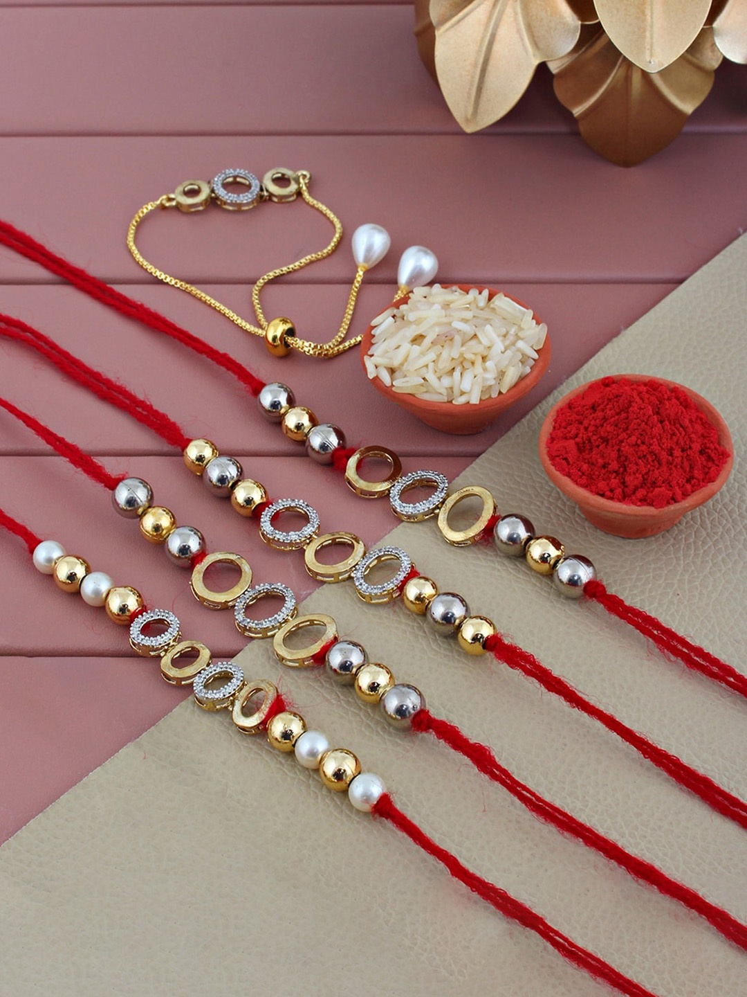 

LUCKY JEWELLERY Men Set Of 4 Gold-Plated AD Studded Rakhis