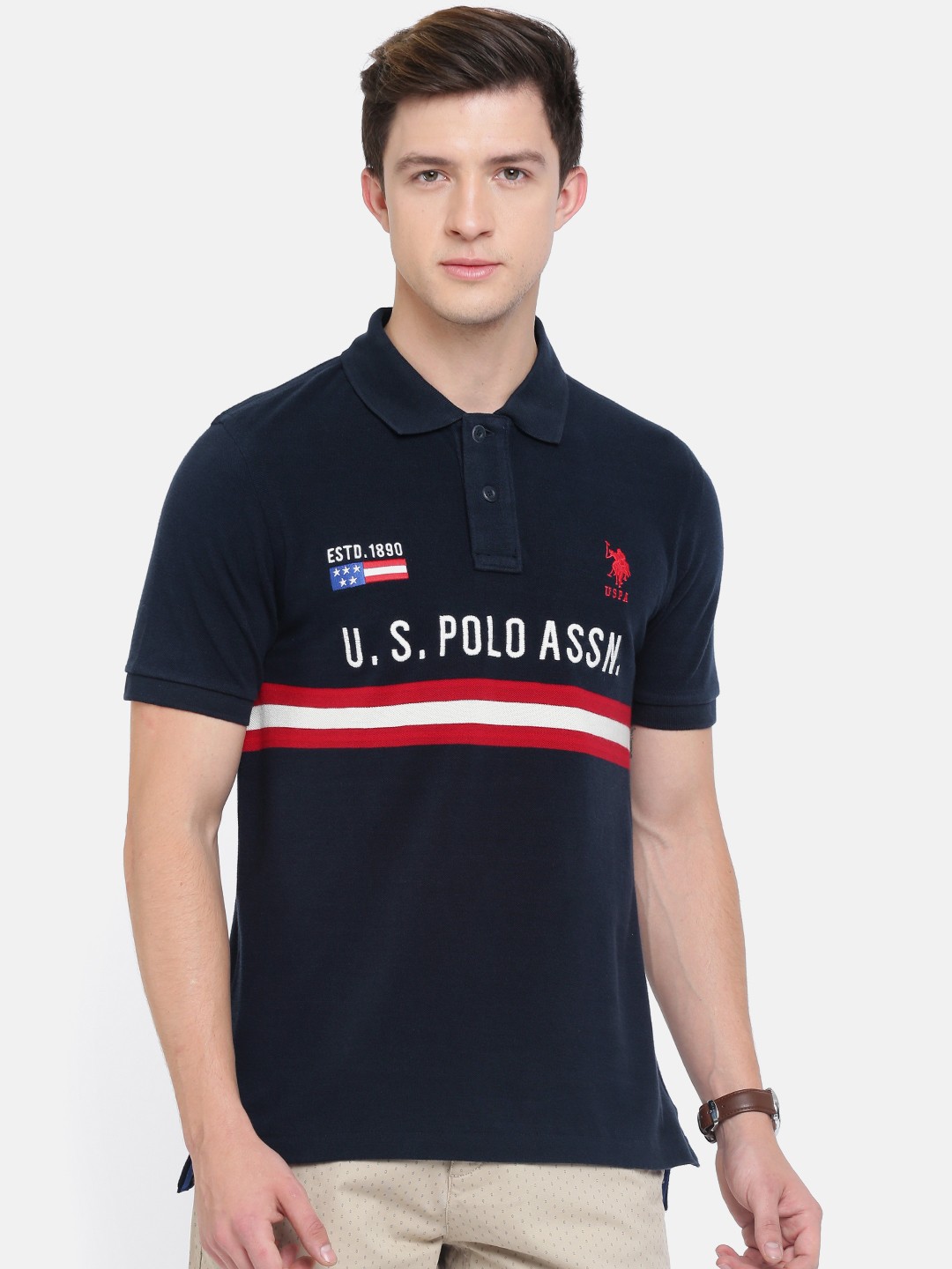 

U.S. Polo Assn. Men Navy Blue Self-Design Polo Pure Cotton T-shirt
