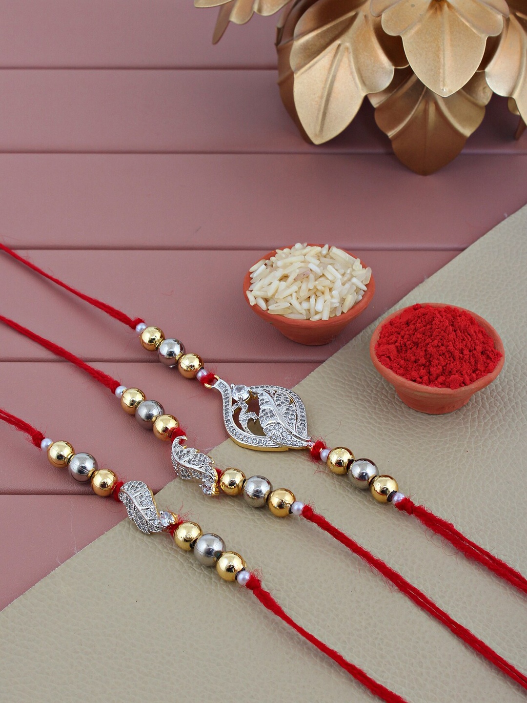 

LUCKY JEWELLERY Set Of 3 Gold-Plated AD-Studded & Beaded Rakhis
