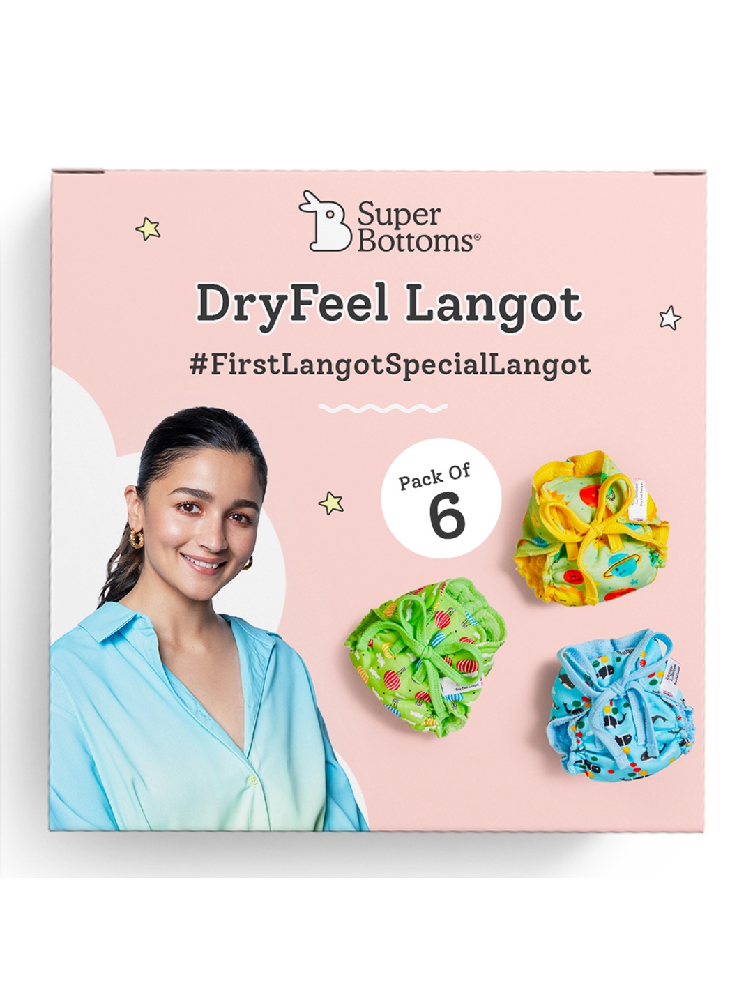 

SuperBottoms Infants Set Of 6 Printed Dry Feel Langot Nappies, Multi
