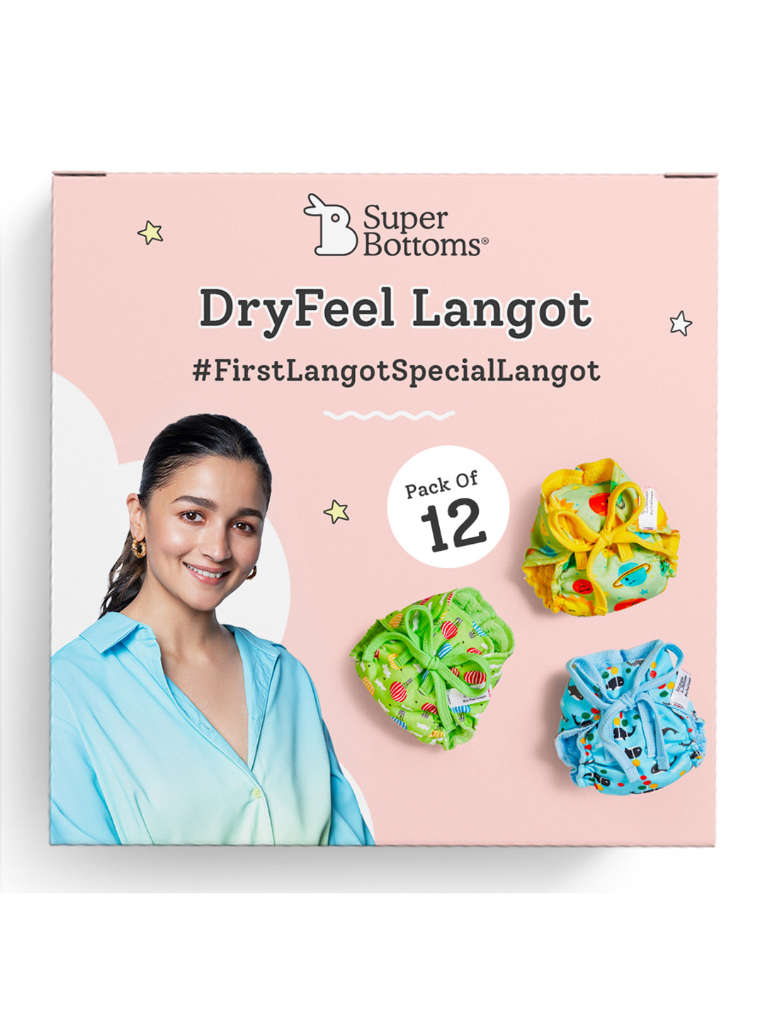 

SuperBottoms Infants Set Of 12 Printed Dry Feel Langot Nappies, Multi