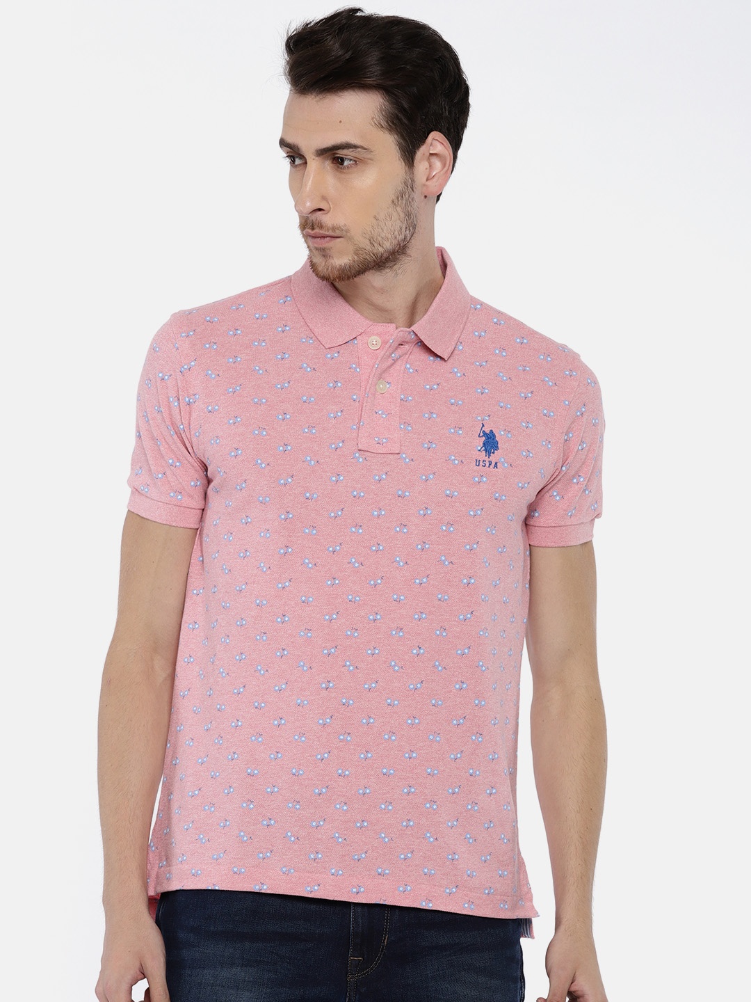 

U.S. Polo Assn. Men Pink Printed Polo Collar Pure Cotton T-shirt